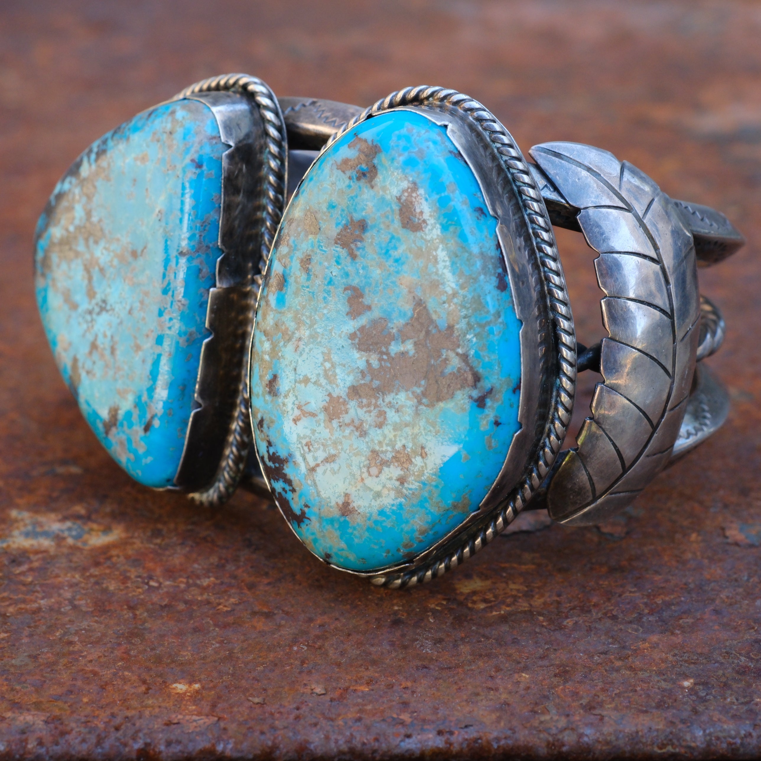 Massive Vintage Sterling 2-Stone Turquoise Stamped Feather Cuff Bracelet