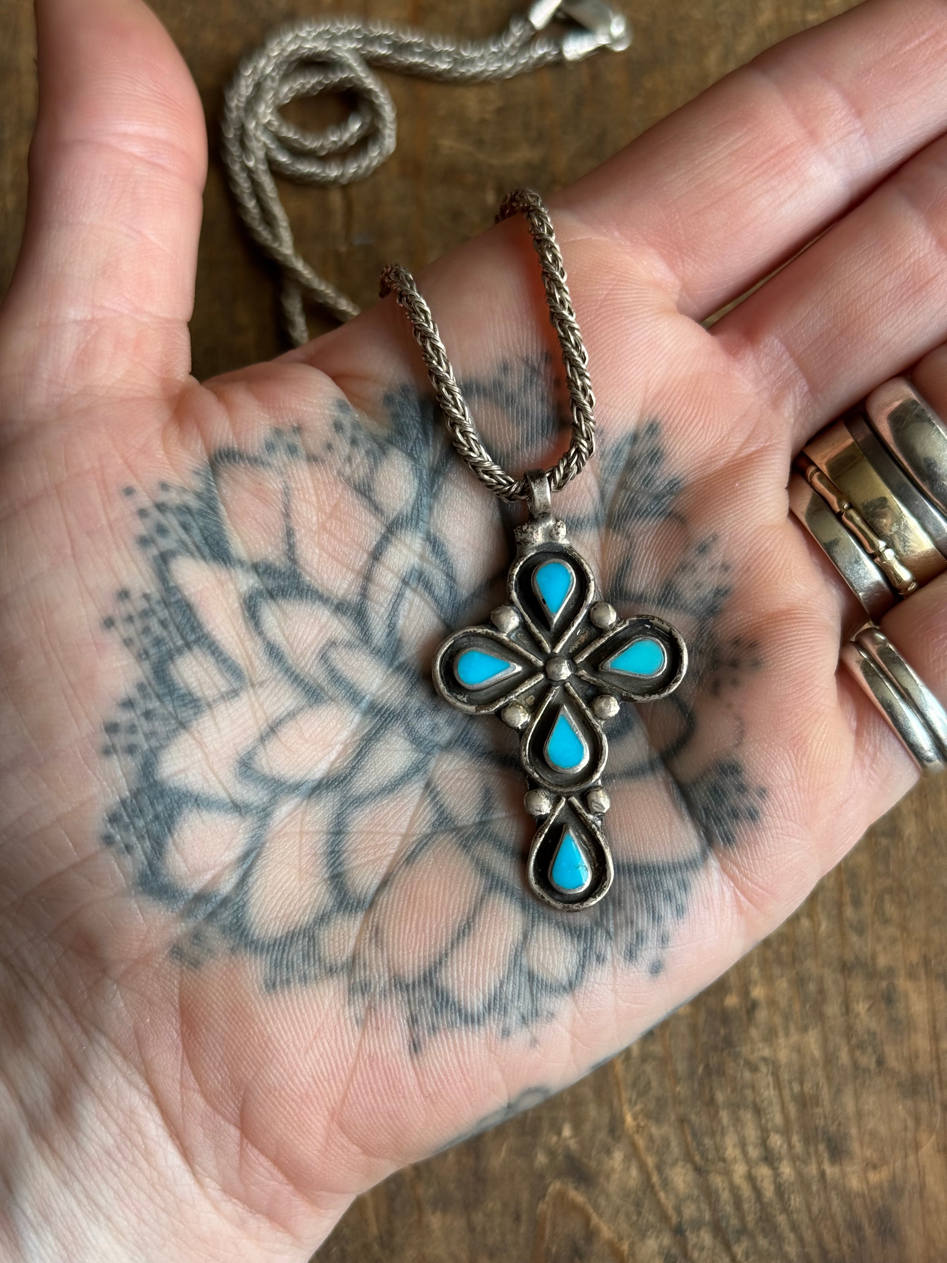 Vintage Sterling Silver Teardrop Turquoise Cross Necklace