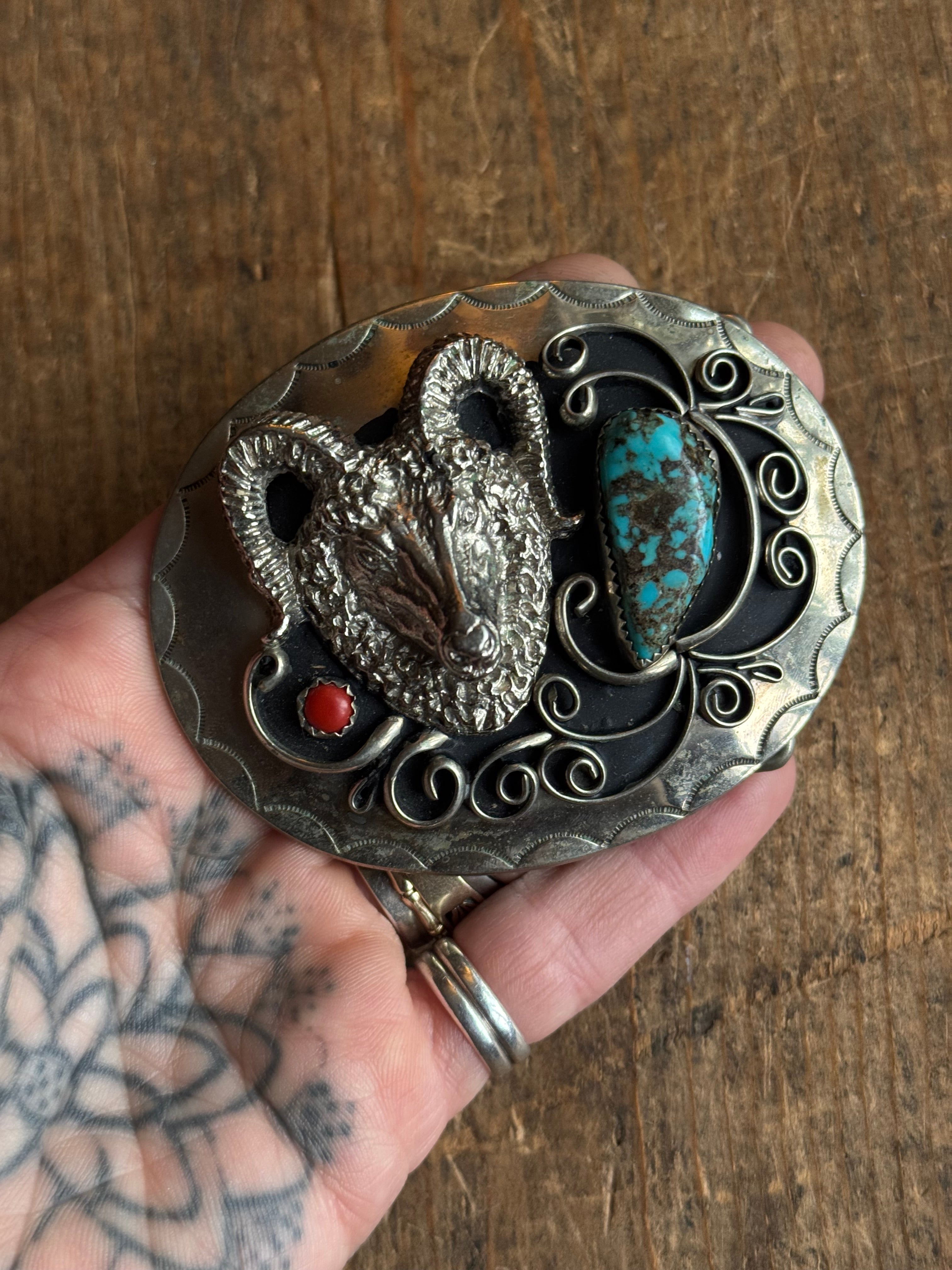 Vintage Turquoise & Coral Stamped Ram Nickel Belt Buckle