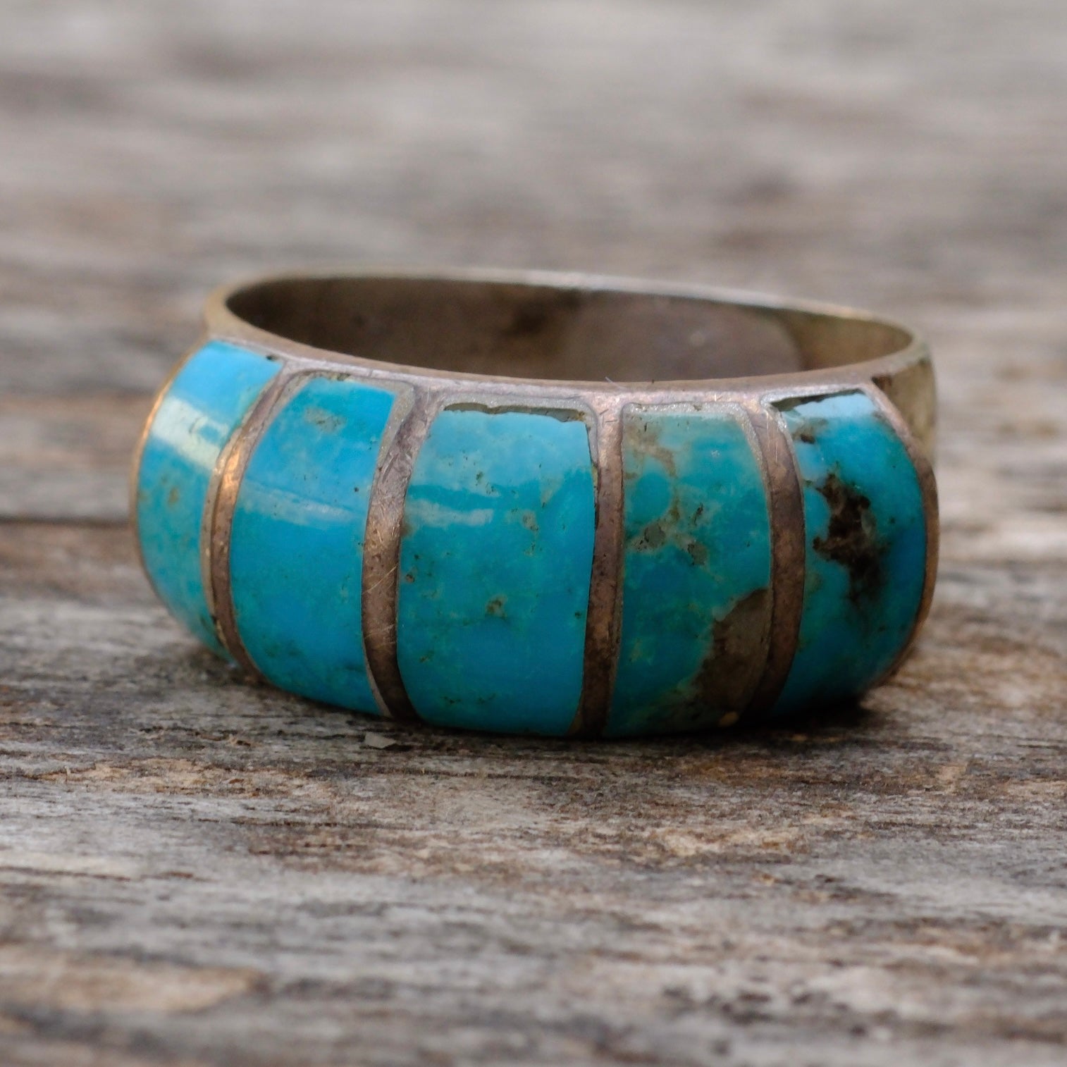 Vintage Sterling Turquoise Inlay Thick Band Ring 10.25