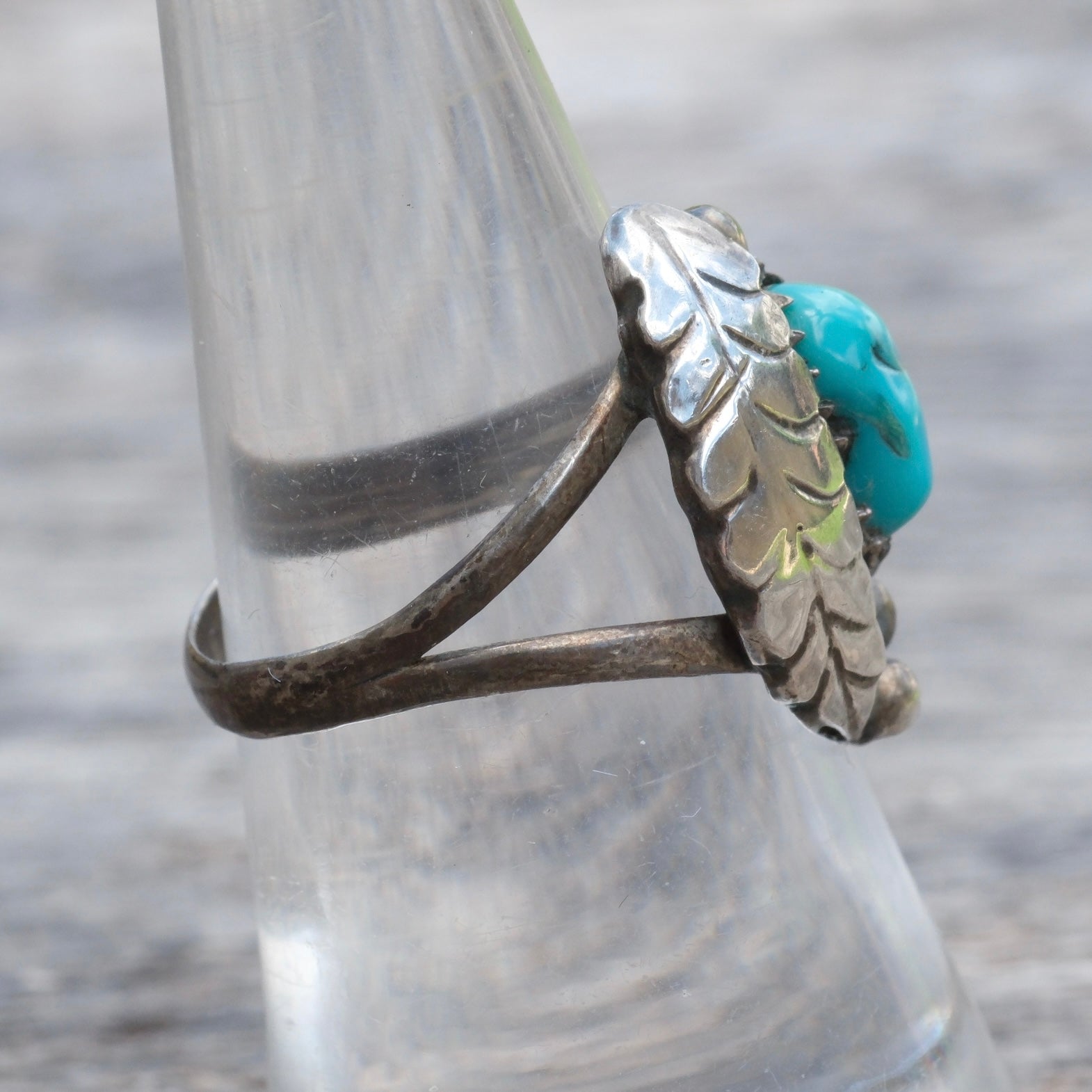 Vintage Sterling Turquoise Feather Ring 6.75