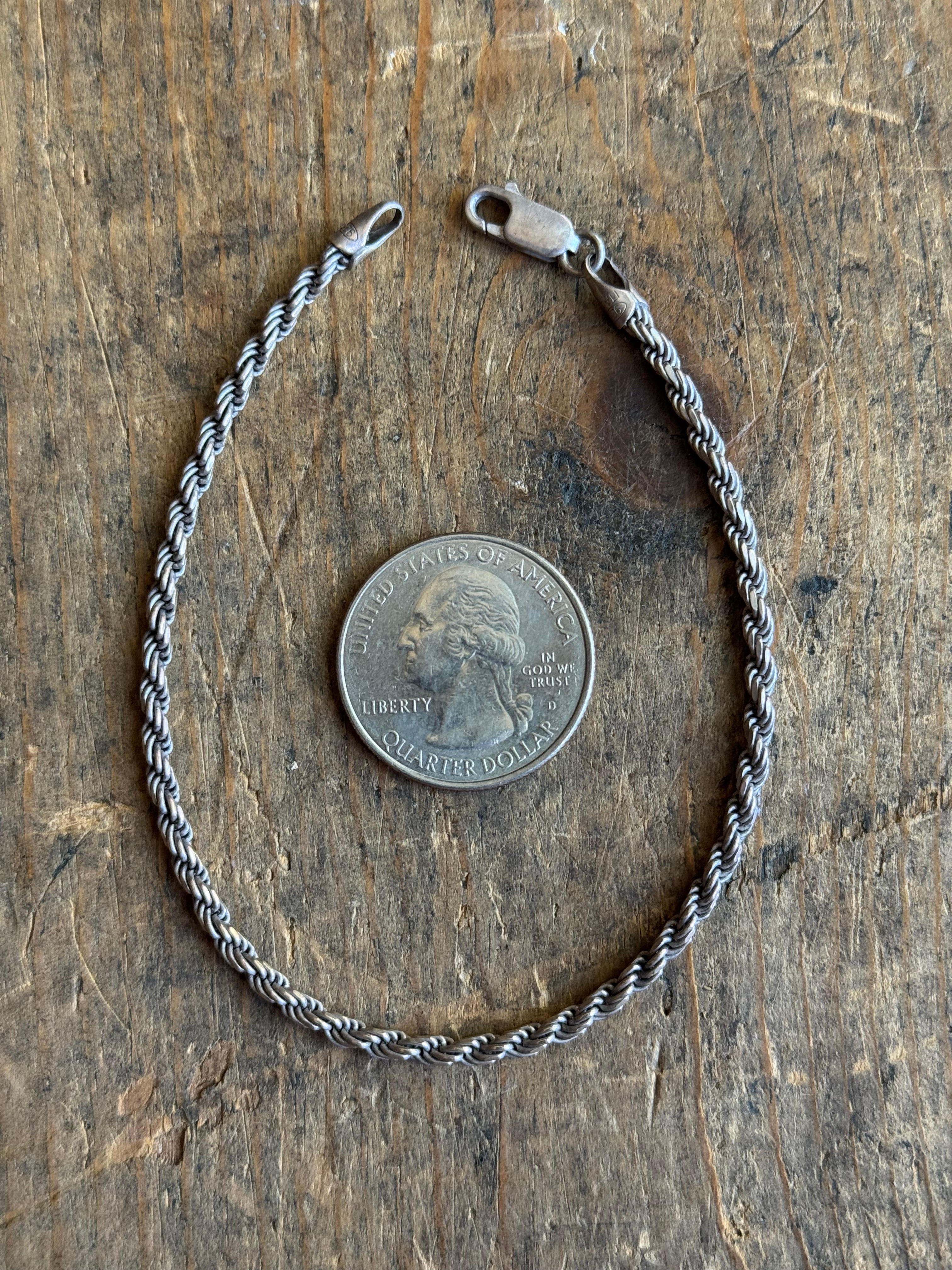 Vintage Sterling Silver Rope Chain Bracelet 8"
