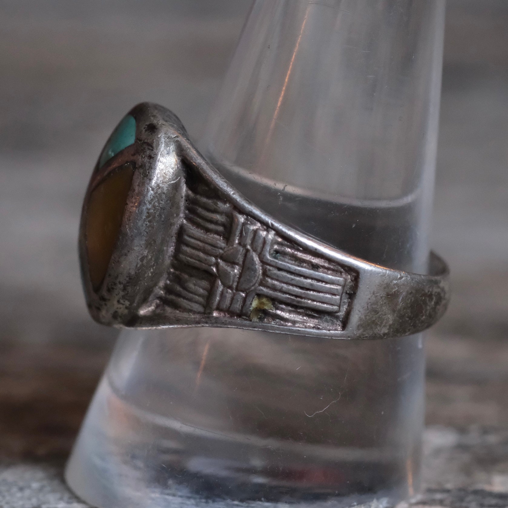 Vintage Sterling Turquoise and Mother Of Pearl Thunderbird Ring 10.25
