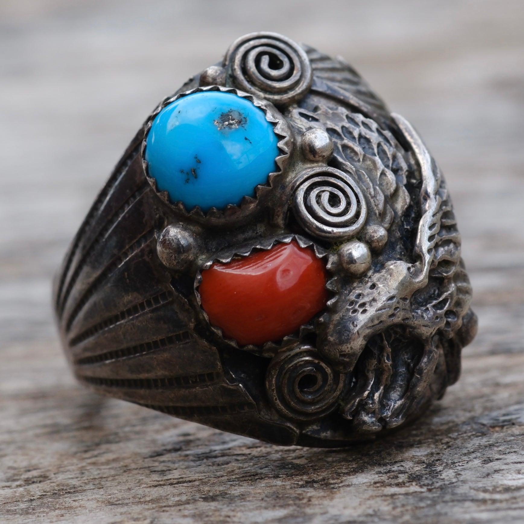 Vintage Sterling Turquoise and Coral Eagle Ring 11