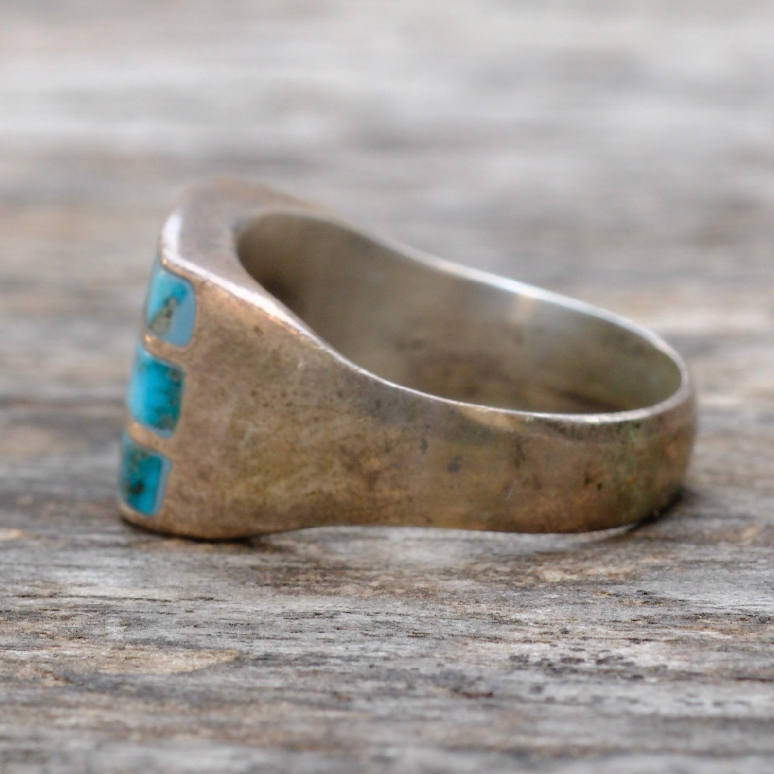 Vintage Sterling Turquoise Inlay Striper Ring 8.75