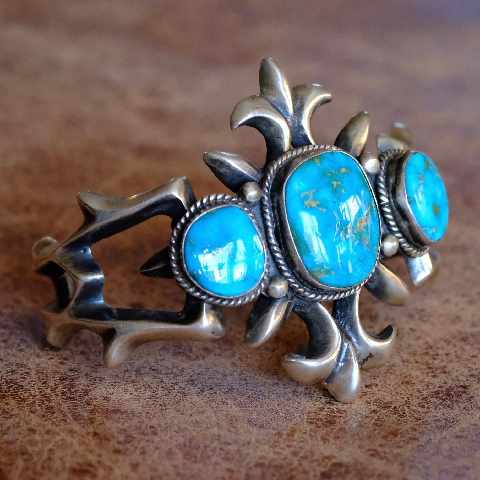 HEAVY Vintage Sterling Blue Gem Turquoise Sandcast Cuff