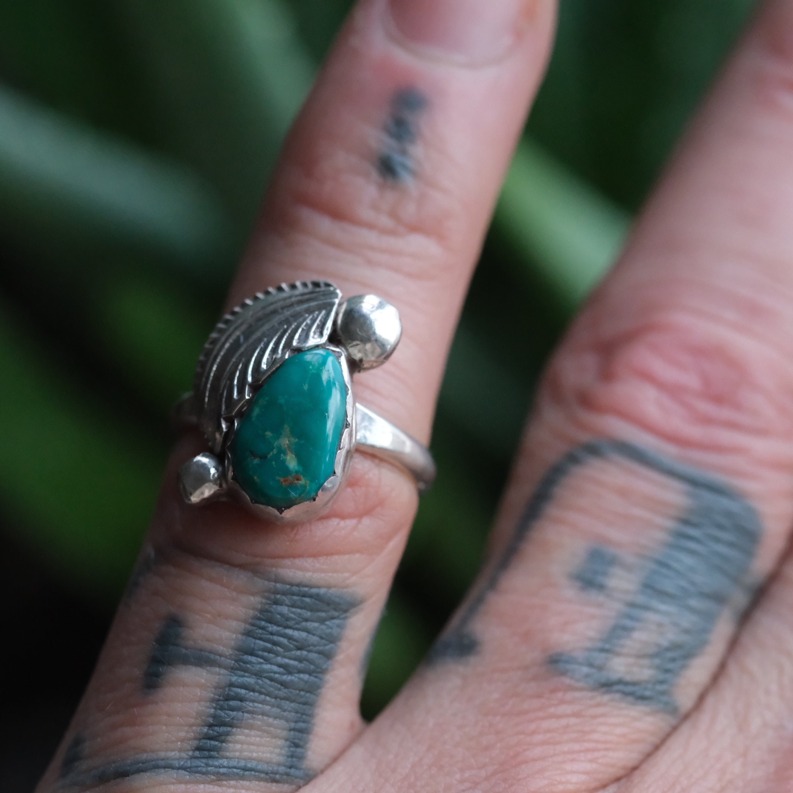 Vintage Sterling Turquoise Feather Ring 5.5
