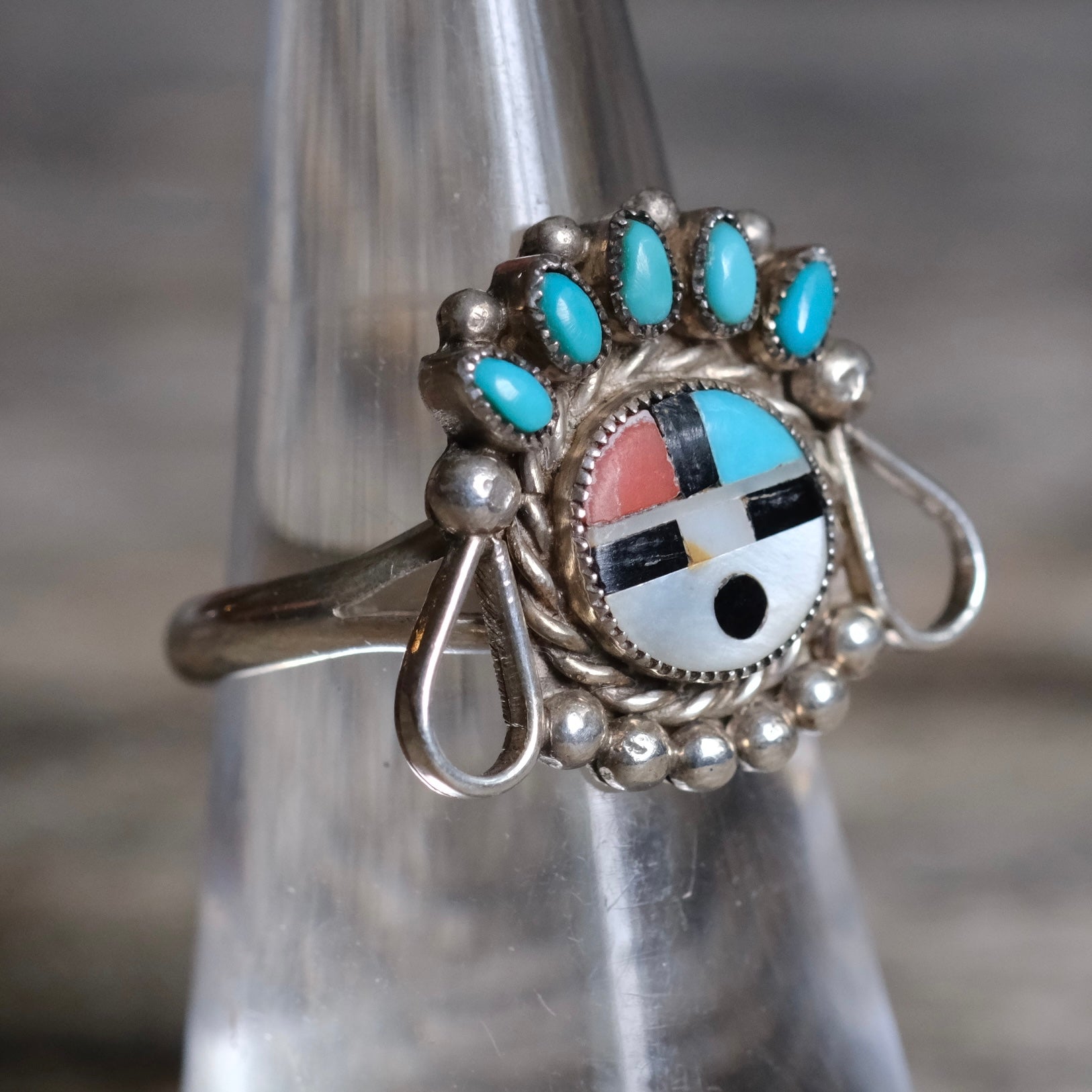 Vintage Sterling Multistone Inlay Zuni Sunface Ring 6.5