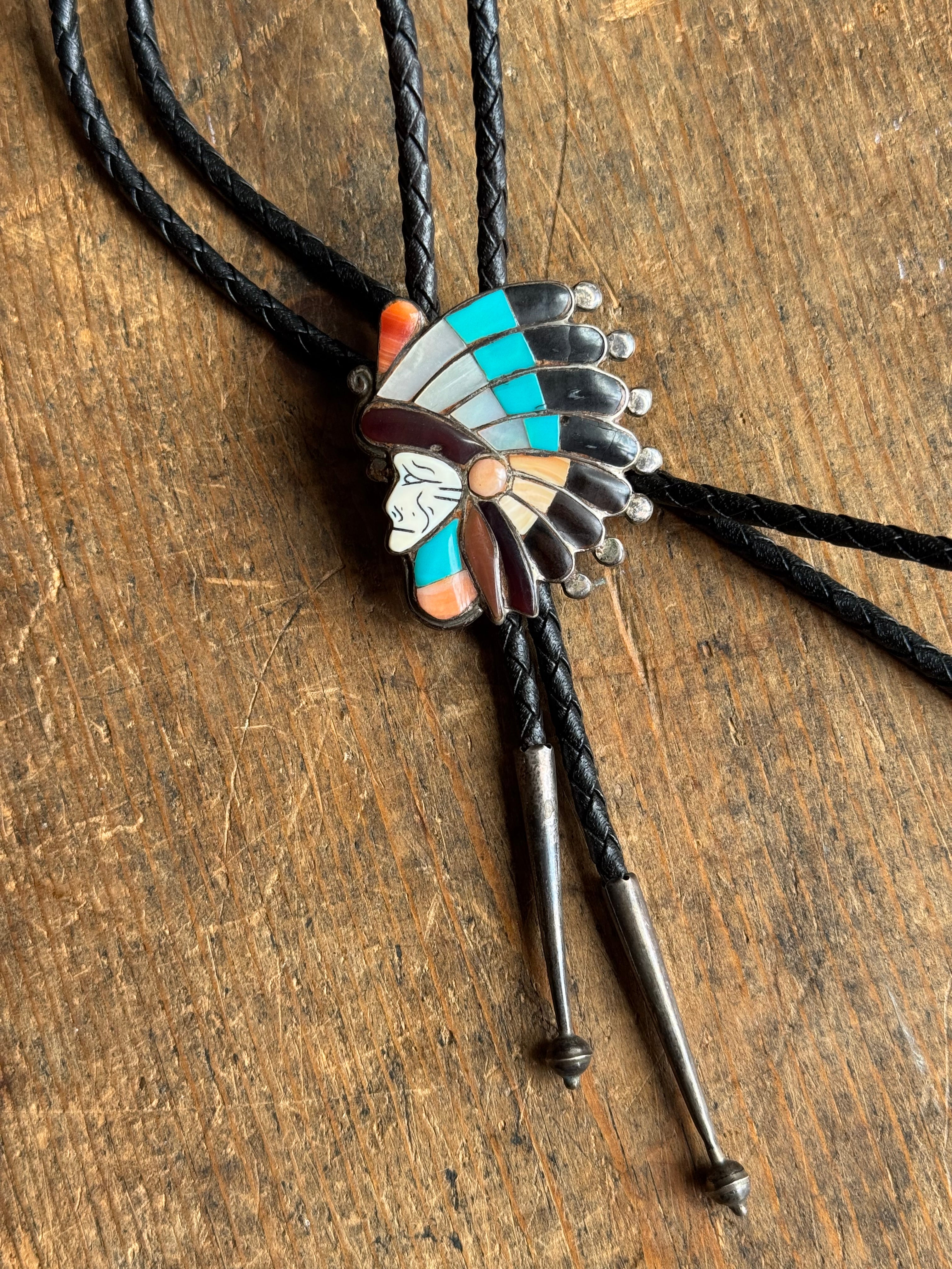 Vintage Sterling Silver Multistone Inlay Chief Head Bolo