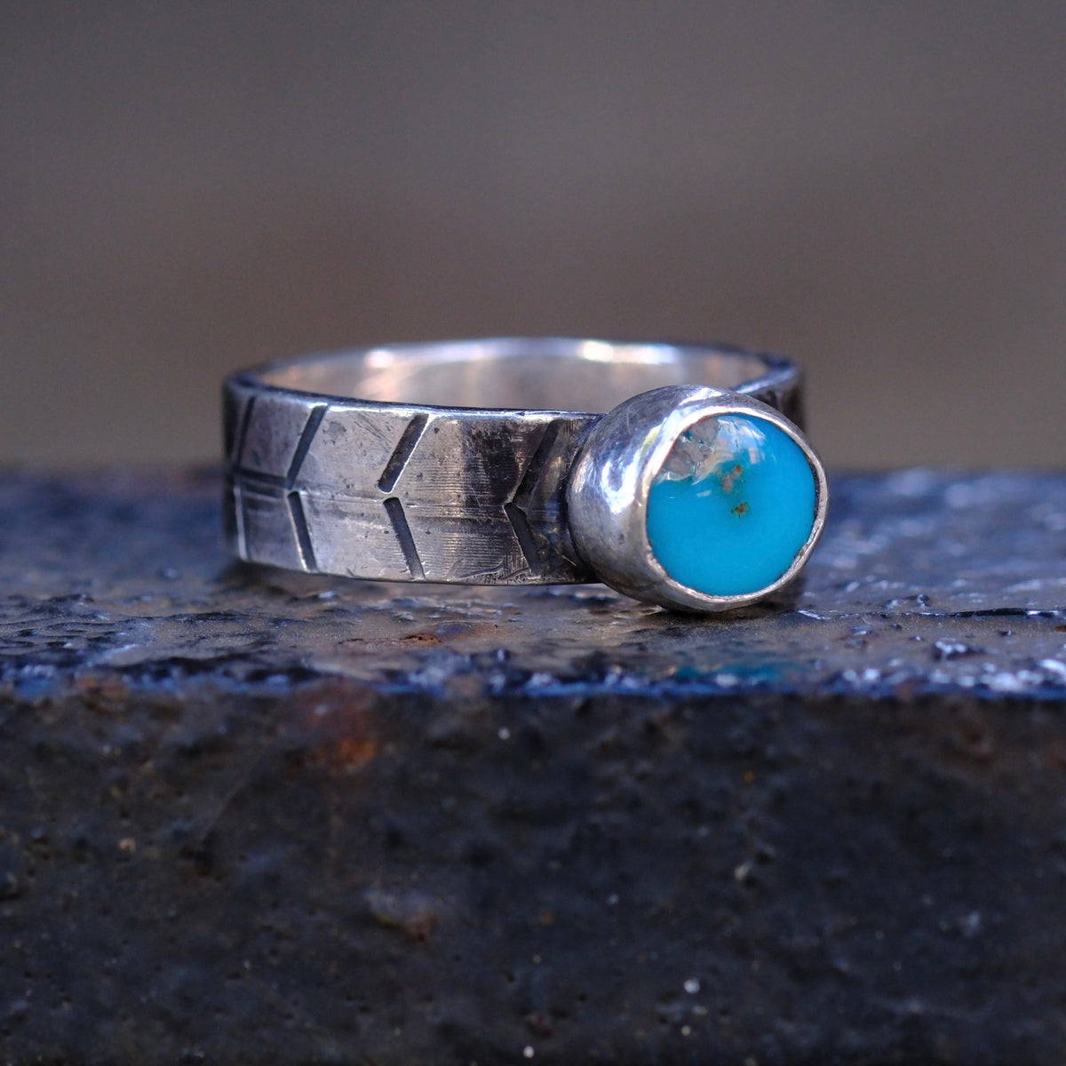 Sterling Silver Lone Mountain Turquoise Stamped Band Ring 6