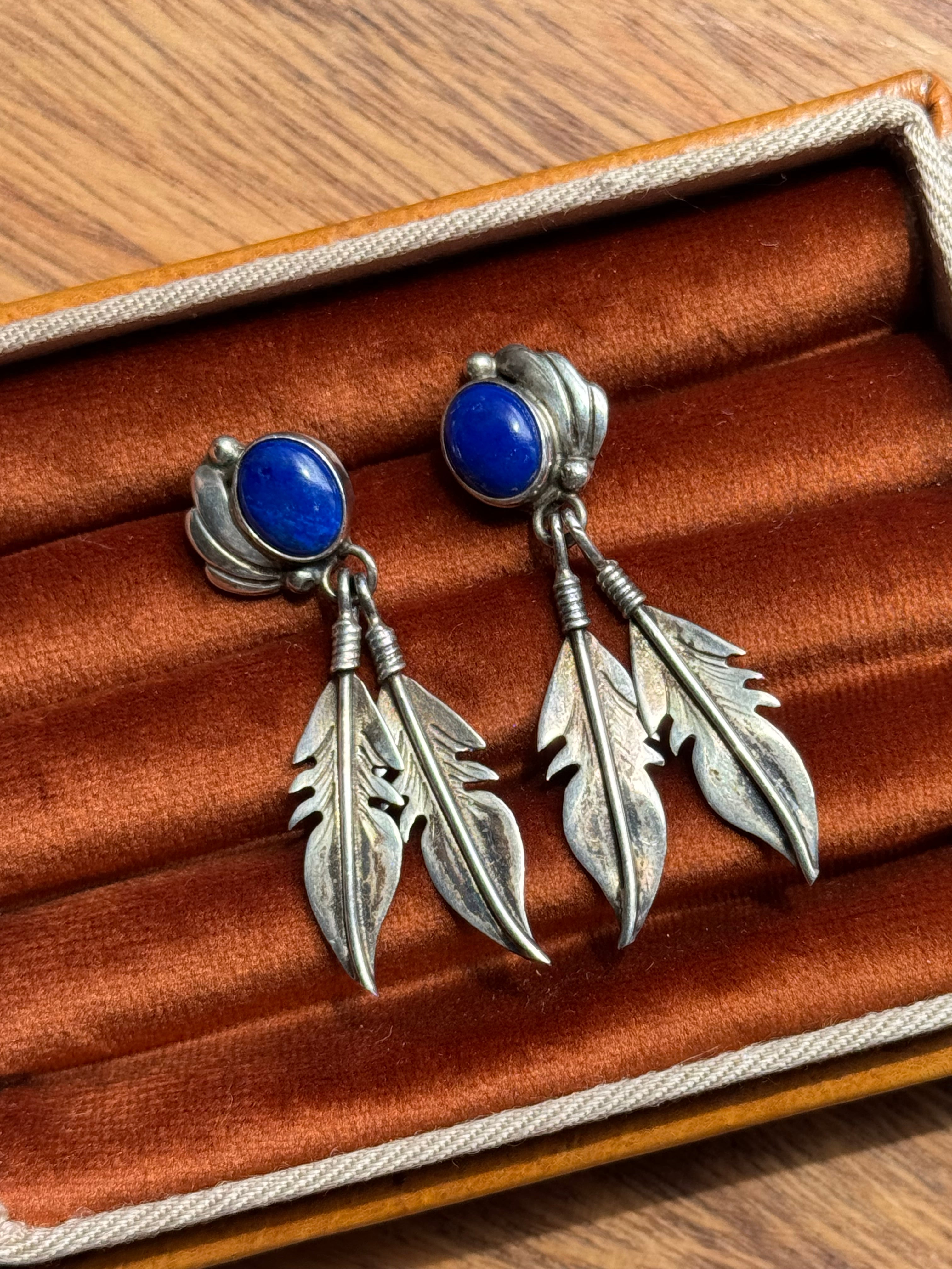 Vintage Sterling Silver Lapis Lazuli Feather Earrings