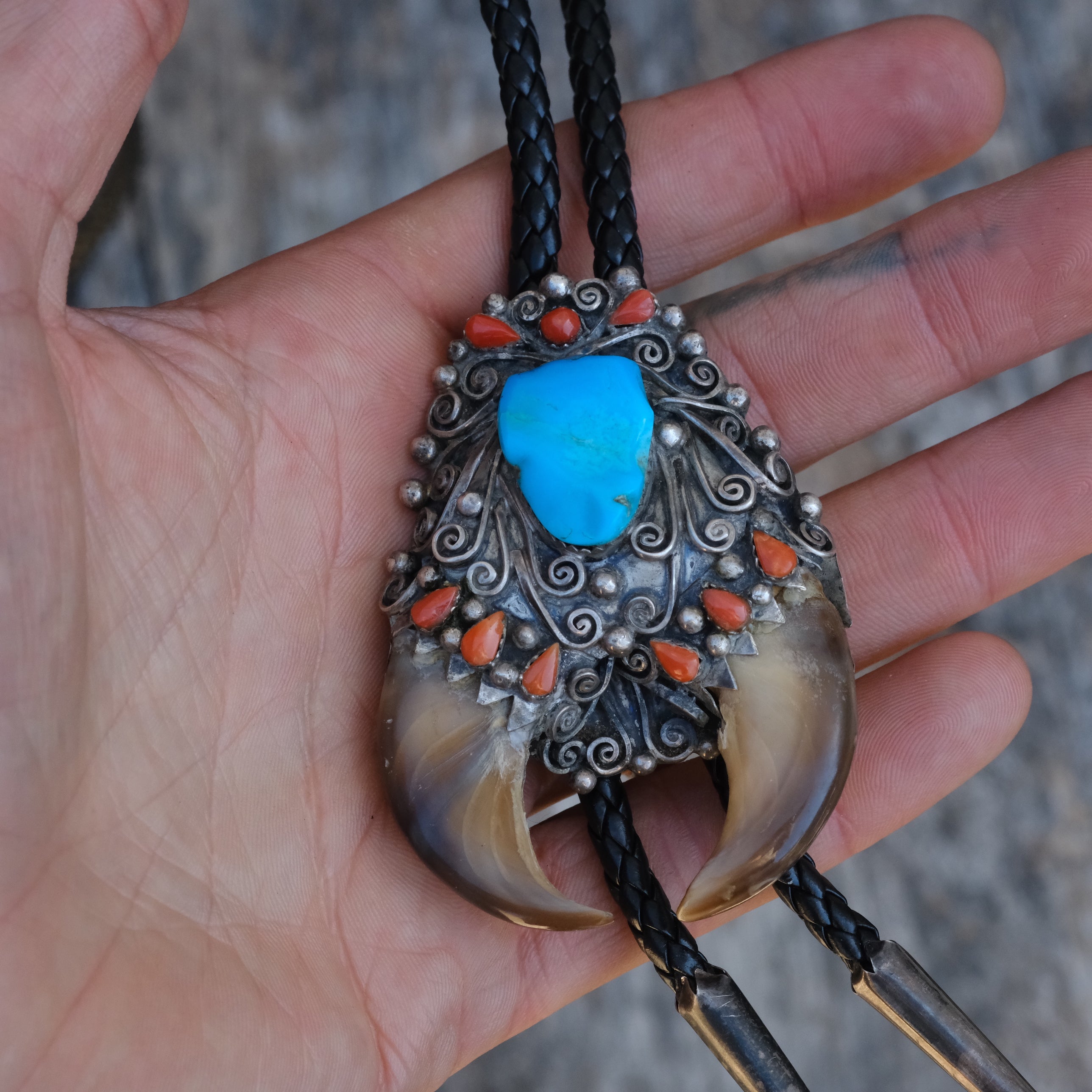 Vintage Sterling Turquoise and Coral Double Bear Claw Bolo TIe