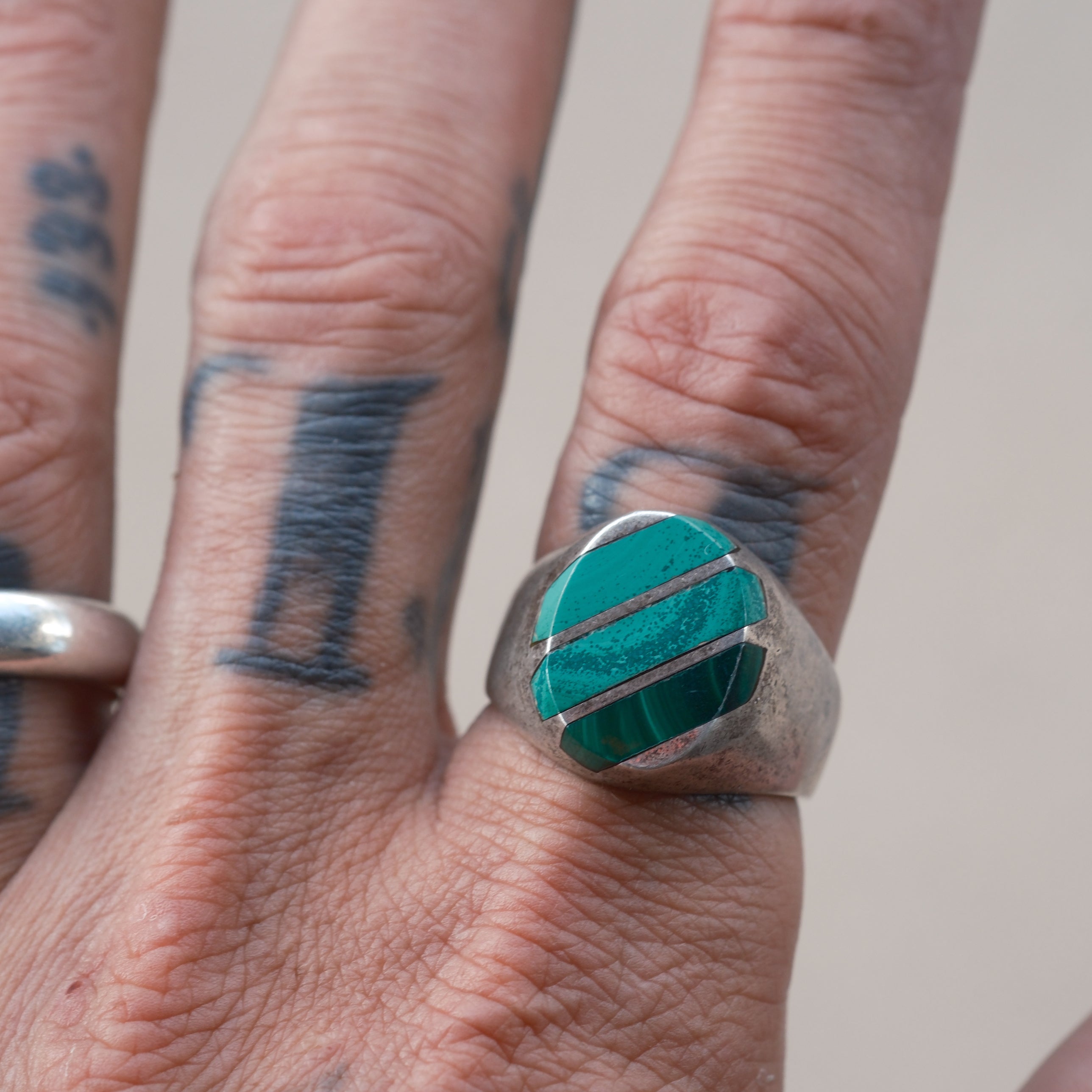 Vintage Sterling Malachite Inlay Striper Ring 10.25