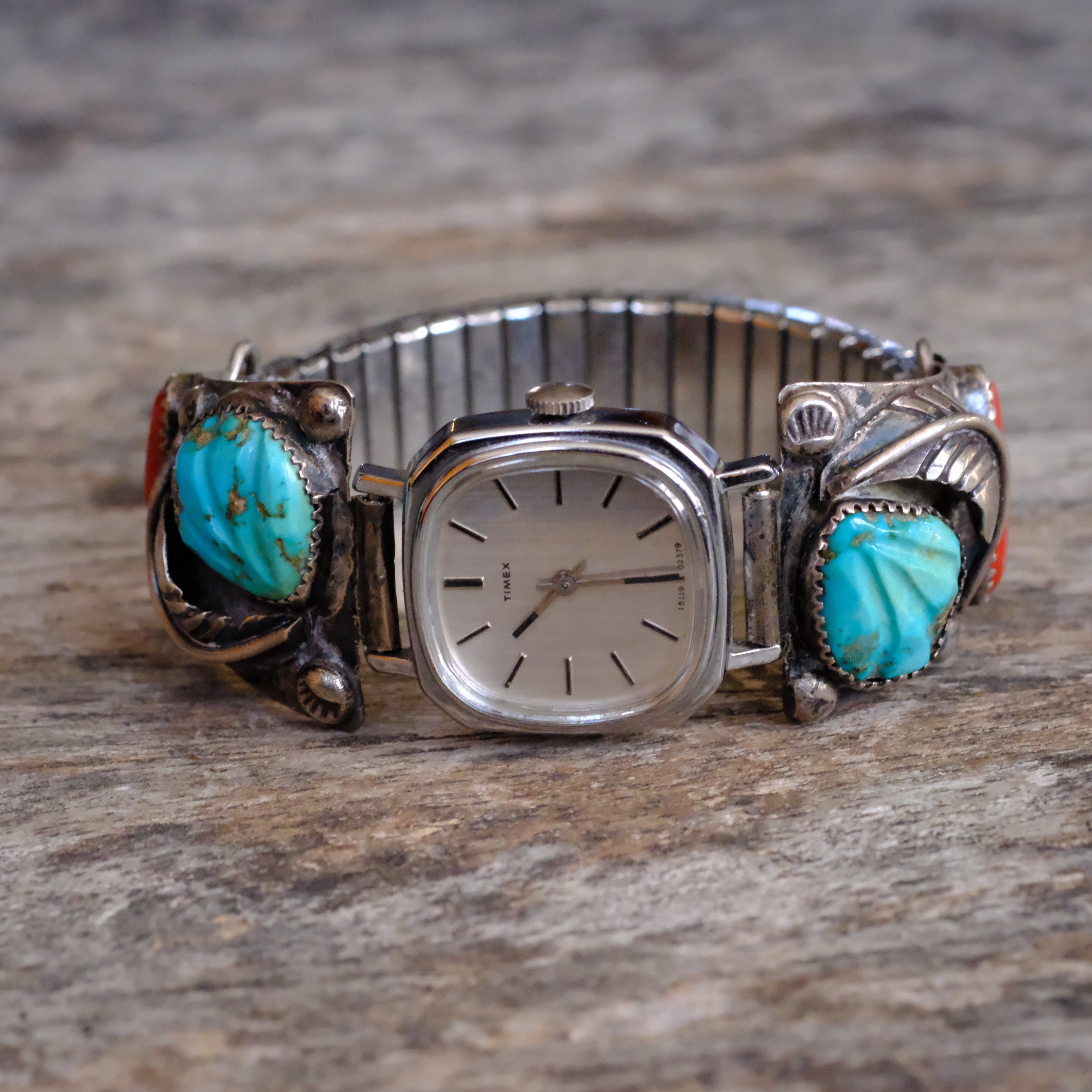 Vintage Sterling Faceted Turquoise and Coral Feather Watch