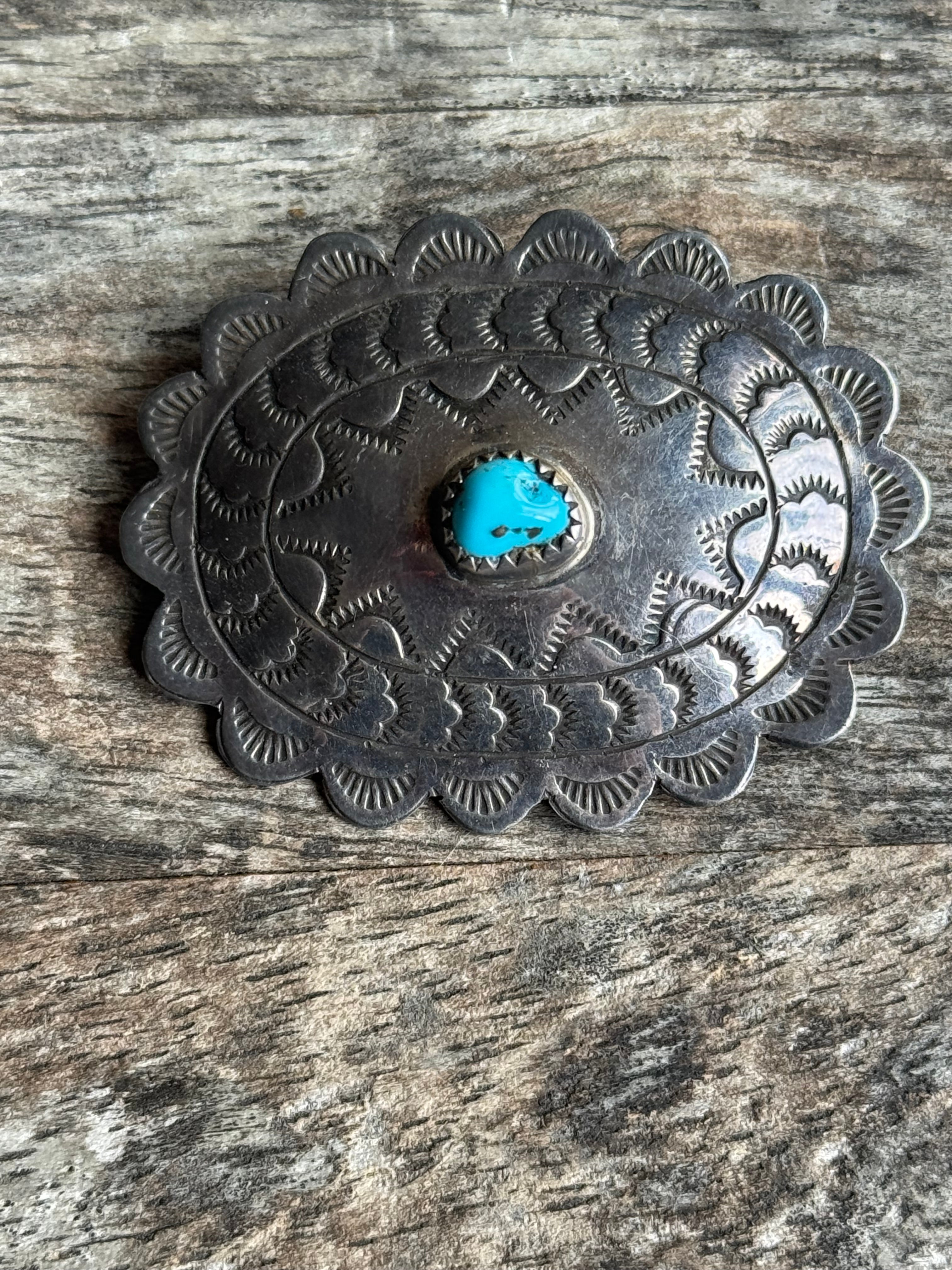 Vintage Sterling Silver Turquoise Stamped Concho Pin