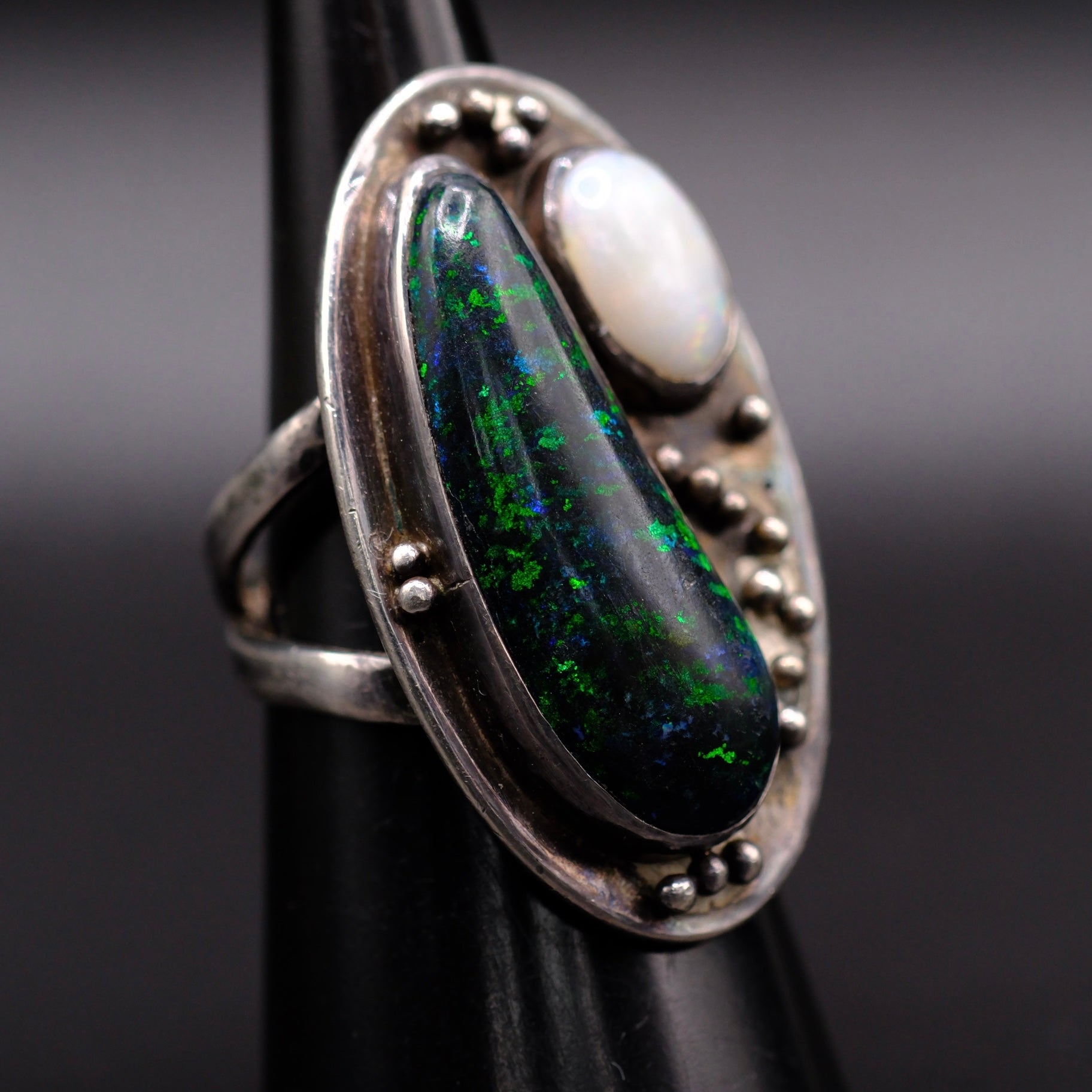 Vintage Sterling Mother Of Pearl and Faux Opal Ring 6.75