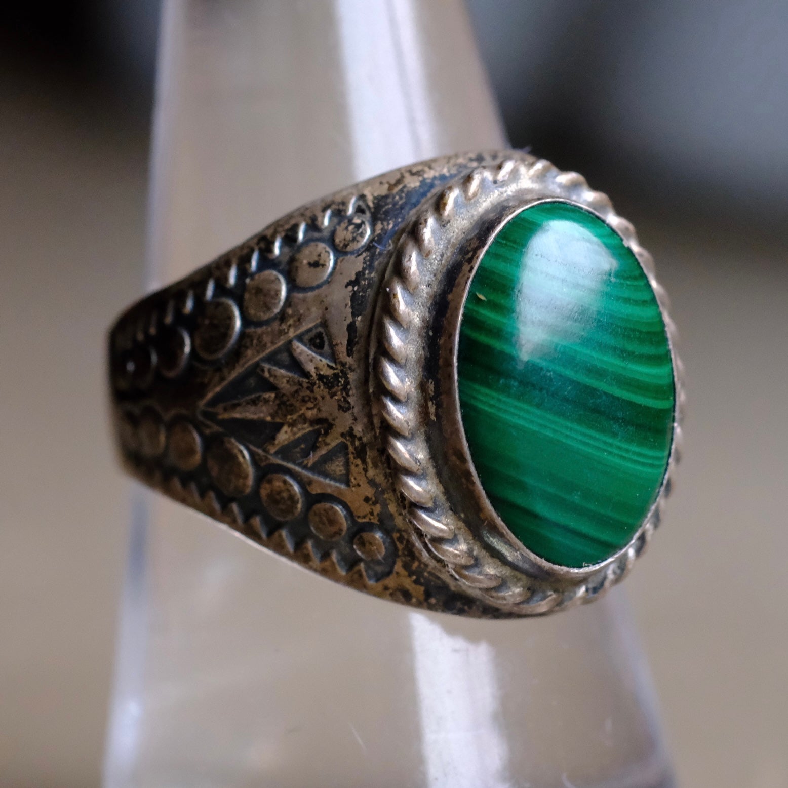 Vintage Sterling Malachite Stamped Band Ring 9