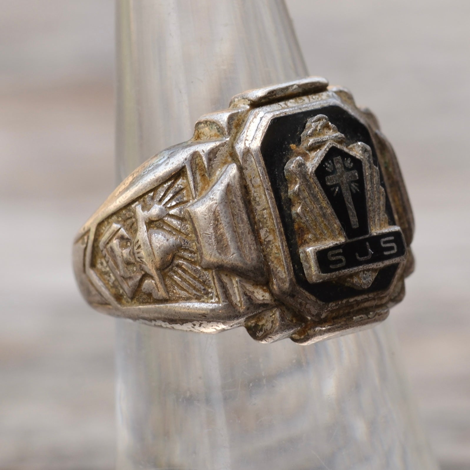 Vintage Sterling Cross SJS Signet Ring 6