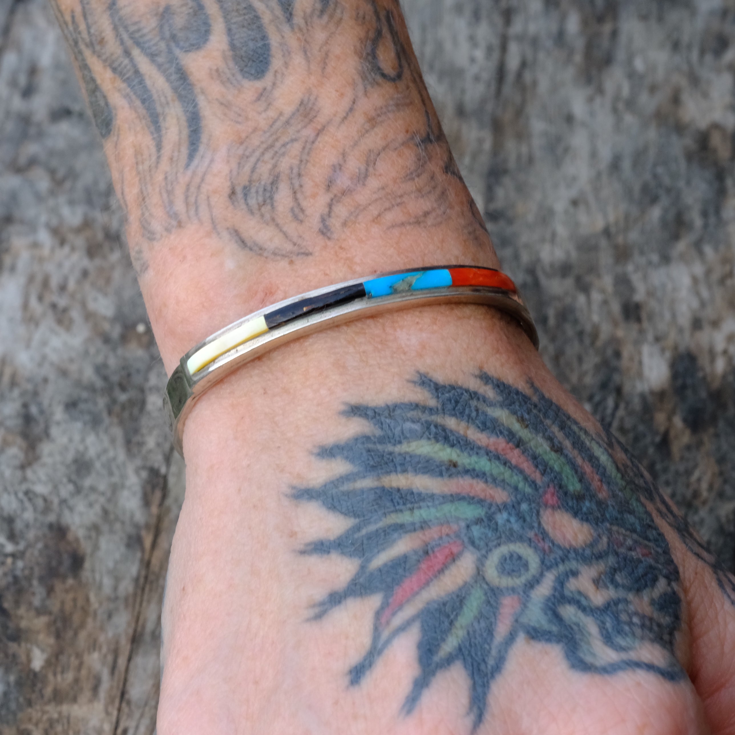 Vintage Sterling Multistone Inlay Cuff Bracelet