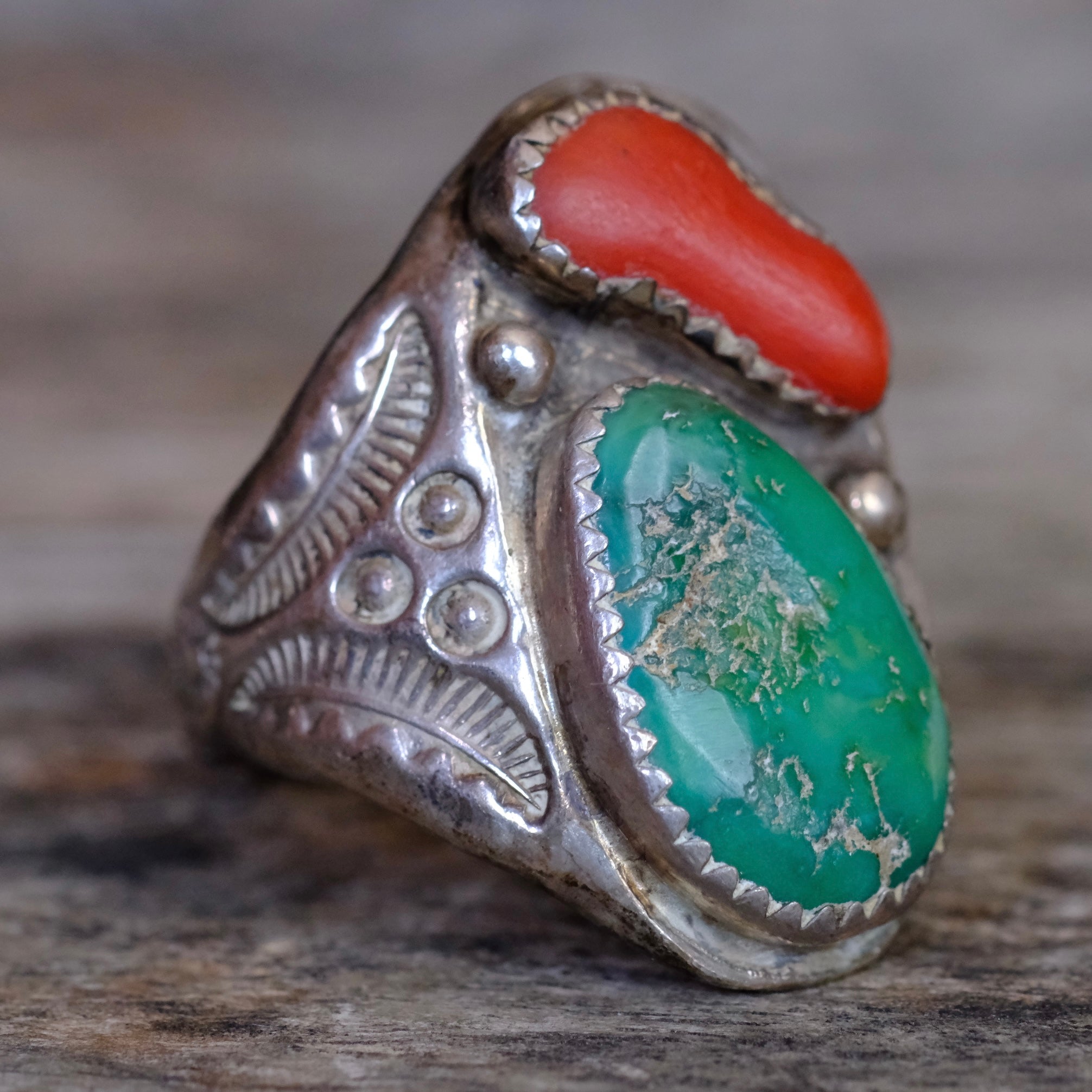 Vintage Sterling Turquoise and Coral Stamped Band Ring 11