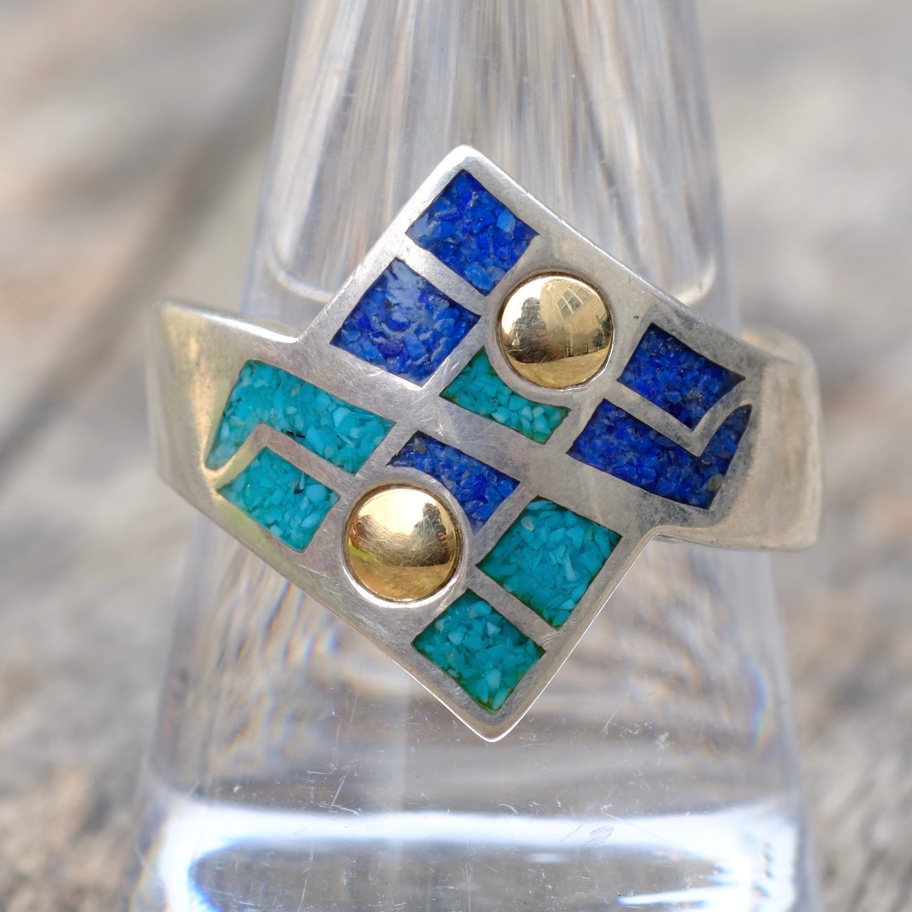 Vintage Sterling Turquoise and Lapis Inlay Ring 9.75