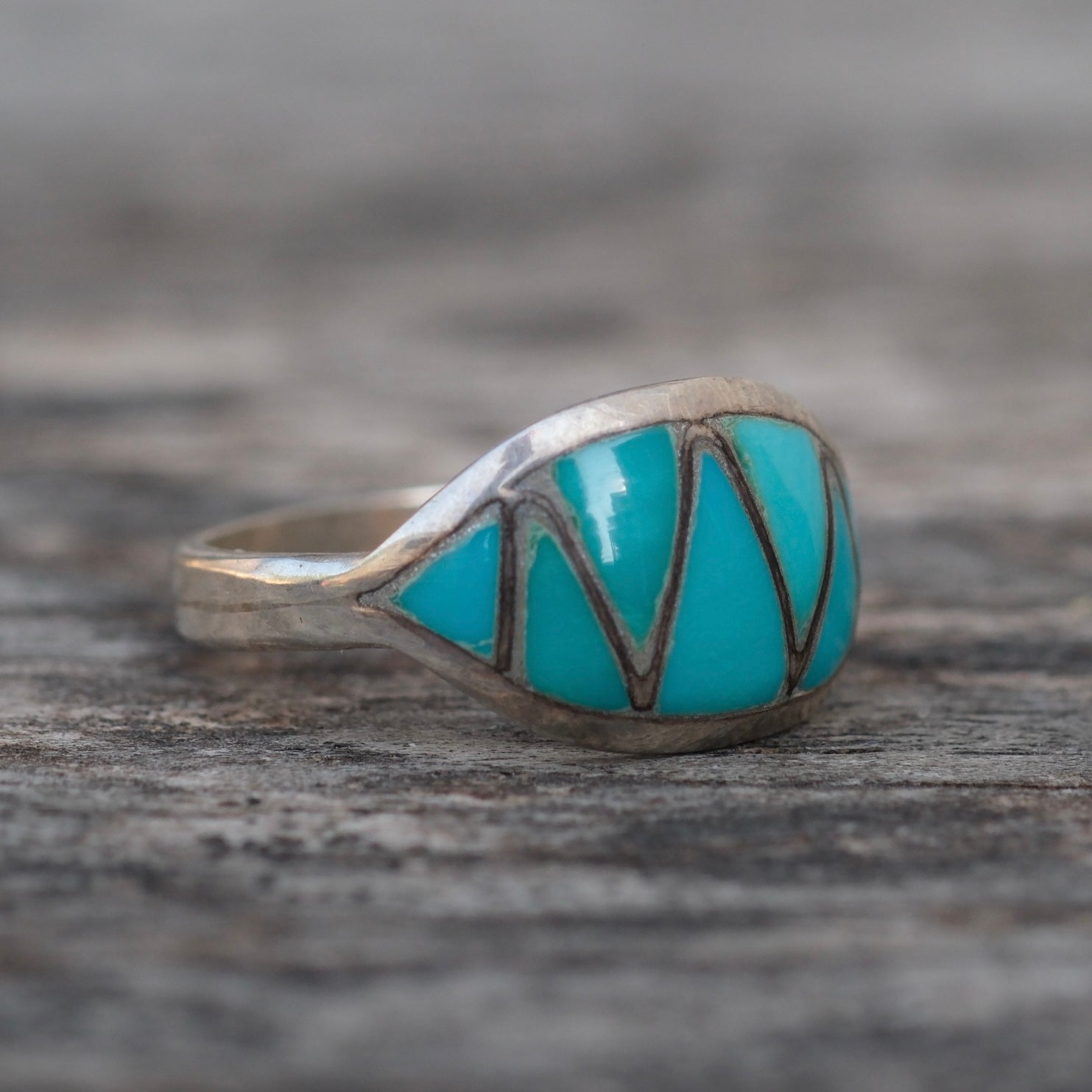 Vintage Sterling Turquoise Inlay Band Ring 6.75