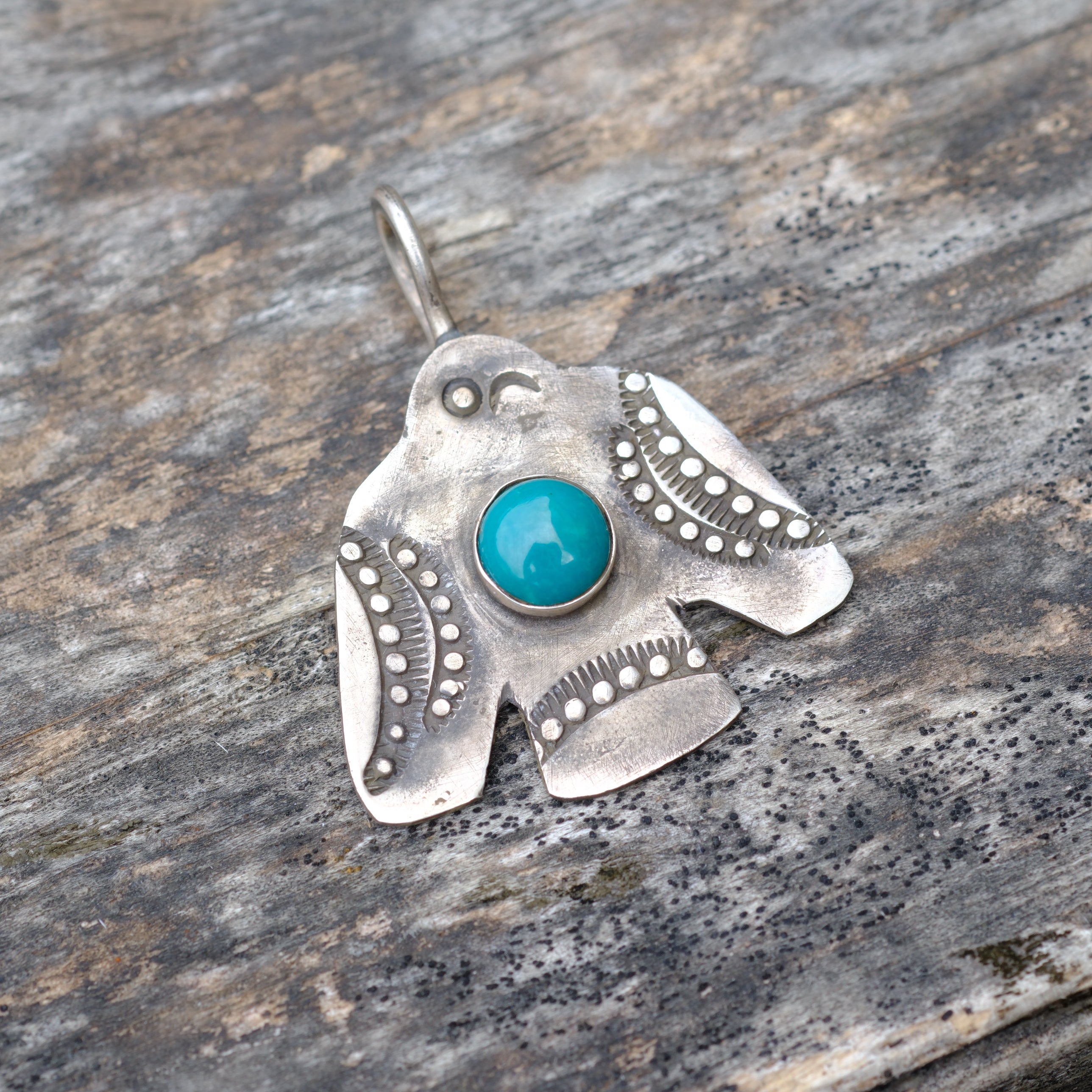 Sterling Silver Stamped Turquoise Thunderbird Necklace