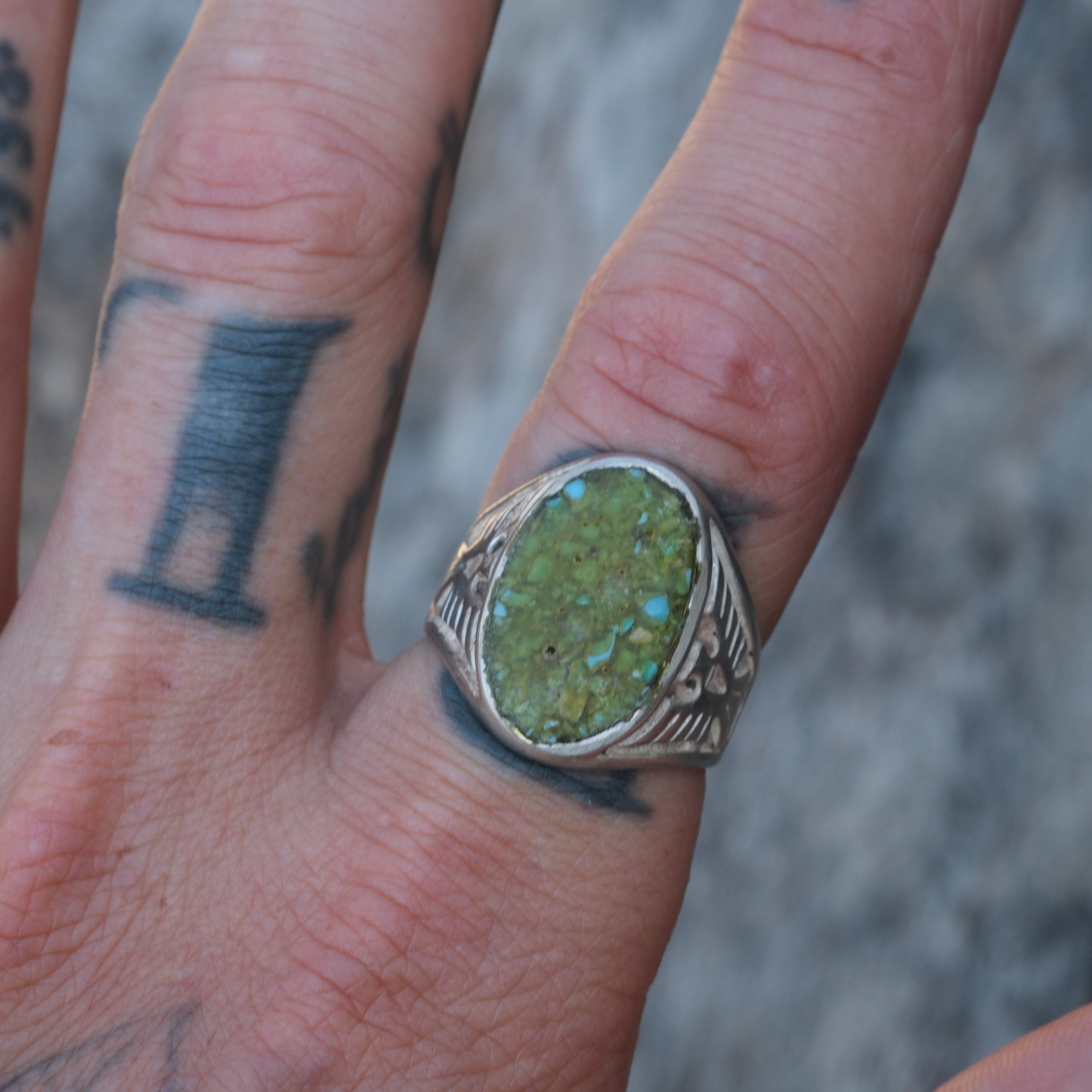 Vintage Sterling Crushed Turquoise Thunderbird Ring 9.5