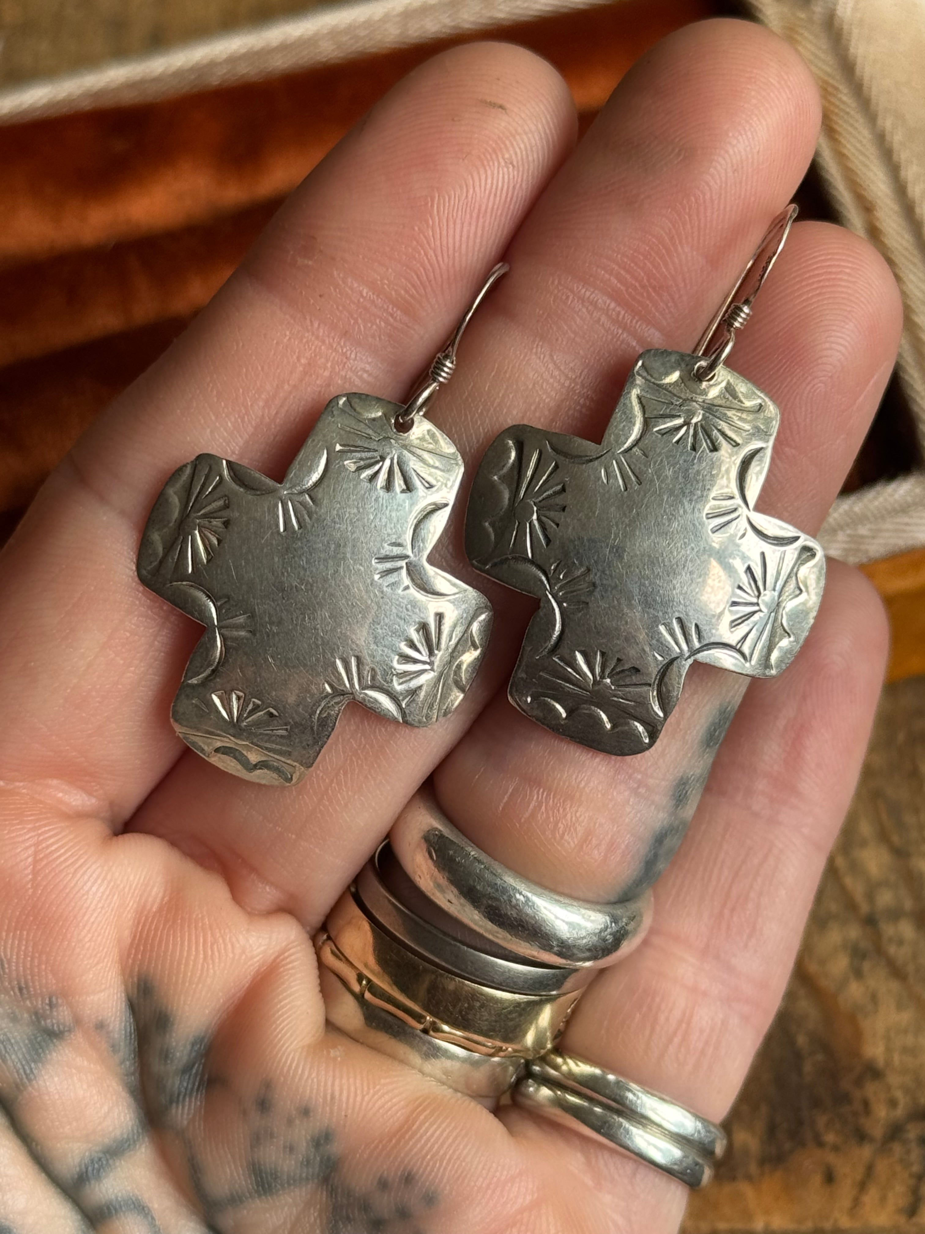 Vintage Sterling Silver Stamped Southwestern Cross Earrings
