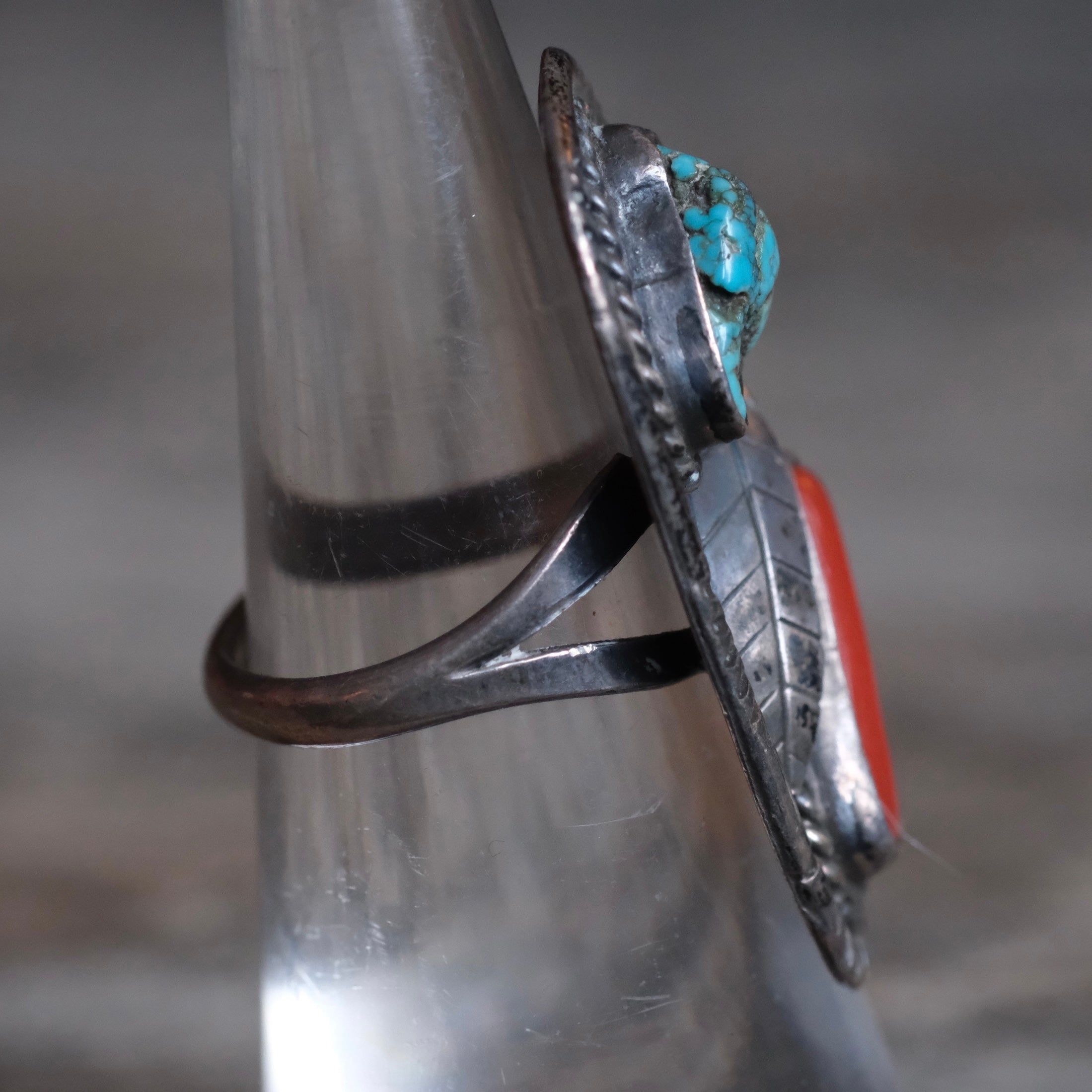Vintage Sterling Turquoise and Coral Feather Ring 5.75
