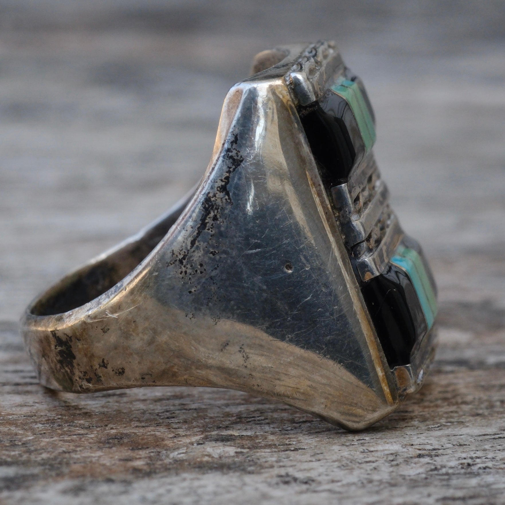 Vintage Sterling turquoise and Onyx Inlay Ring 11