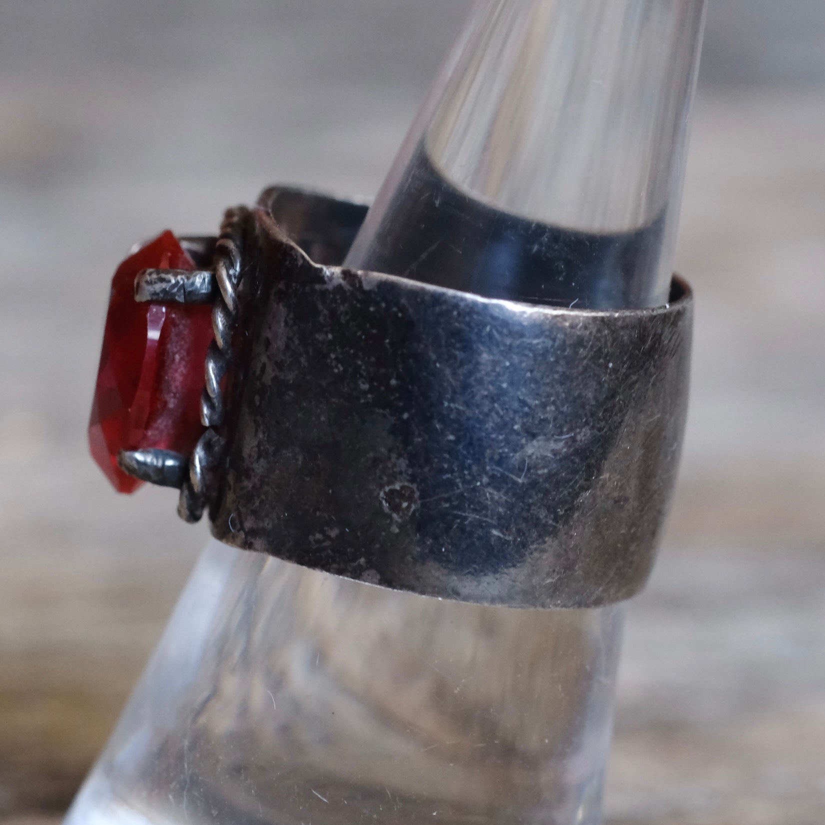 Vintage Sterling Red Glass Ring 7.5