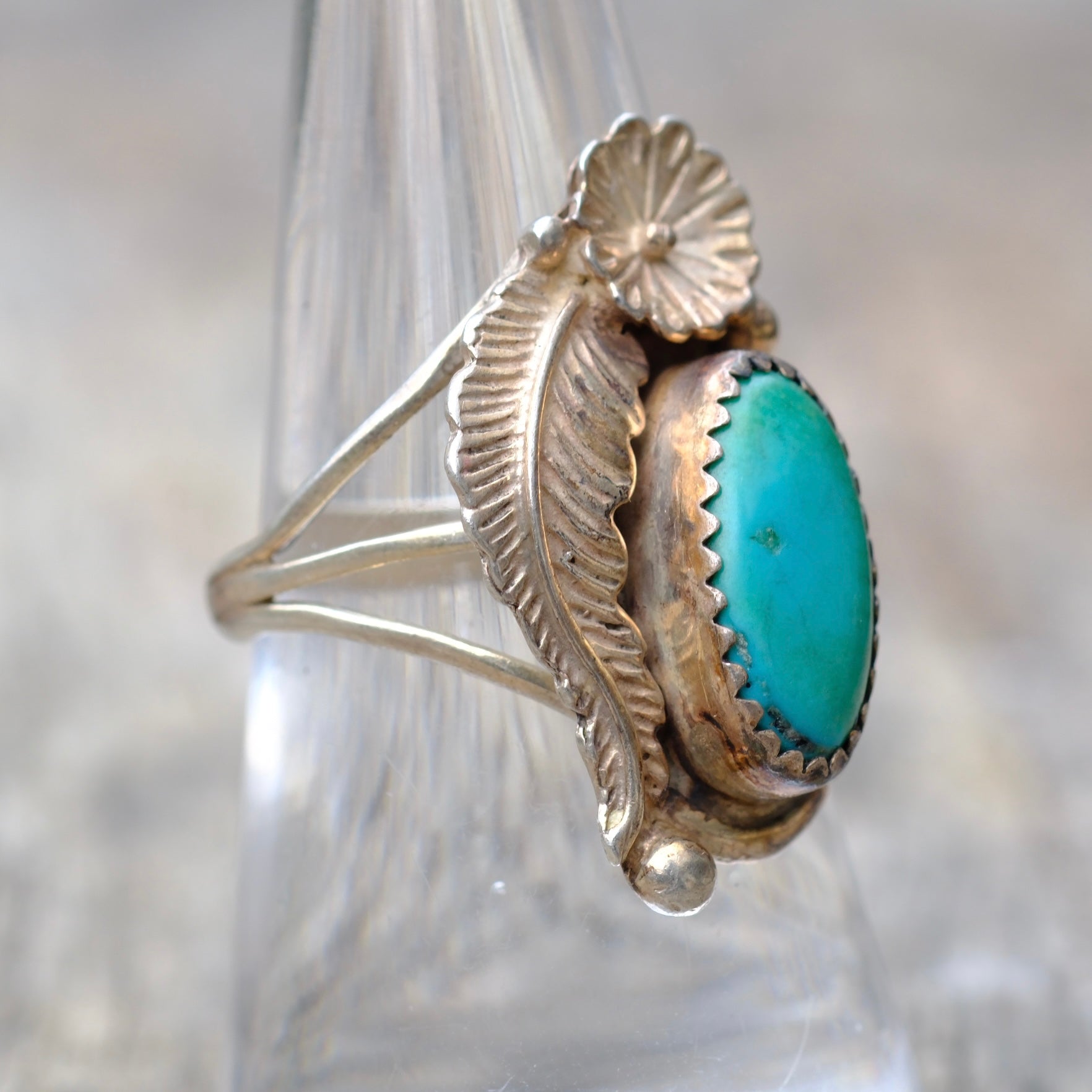 Vintage Sterling Turquoise Feather Ring 7.5