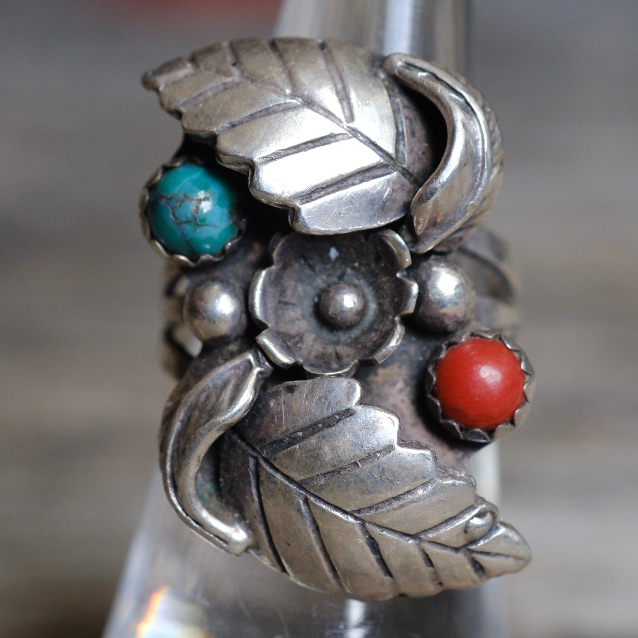 Vintage Sterling Turquoise and Coral Feather Ring 6.5