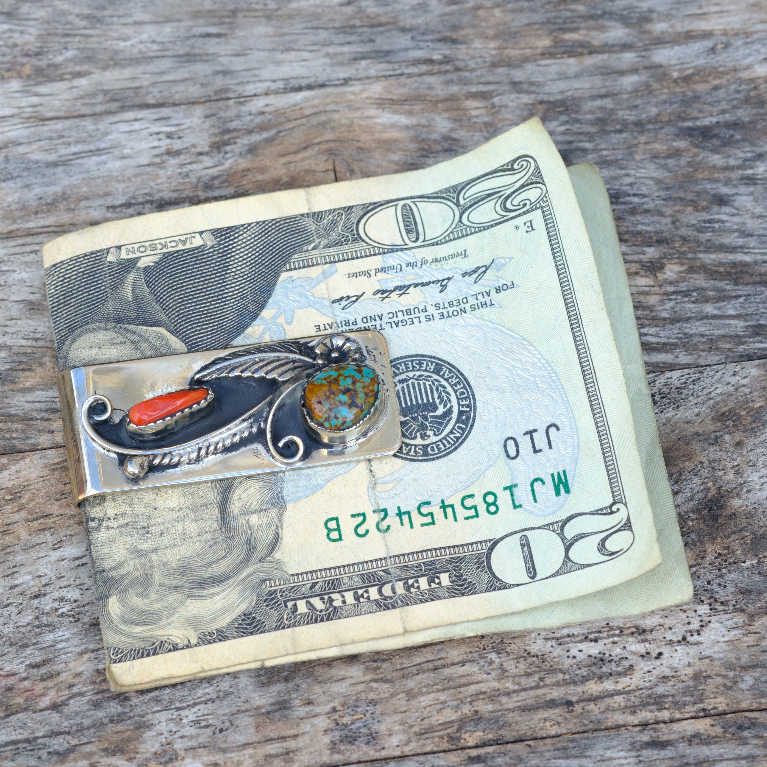 Vintage Turquoise and Coral Feather Money Clip