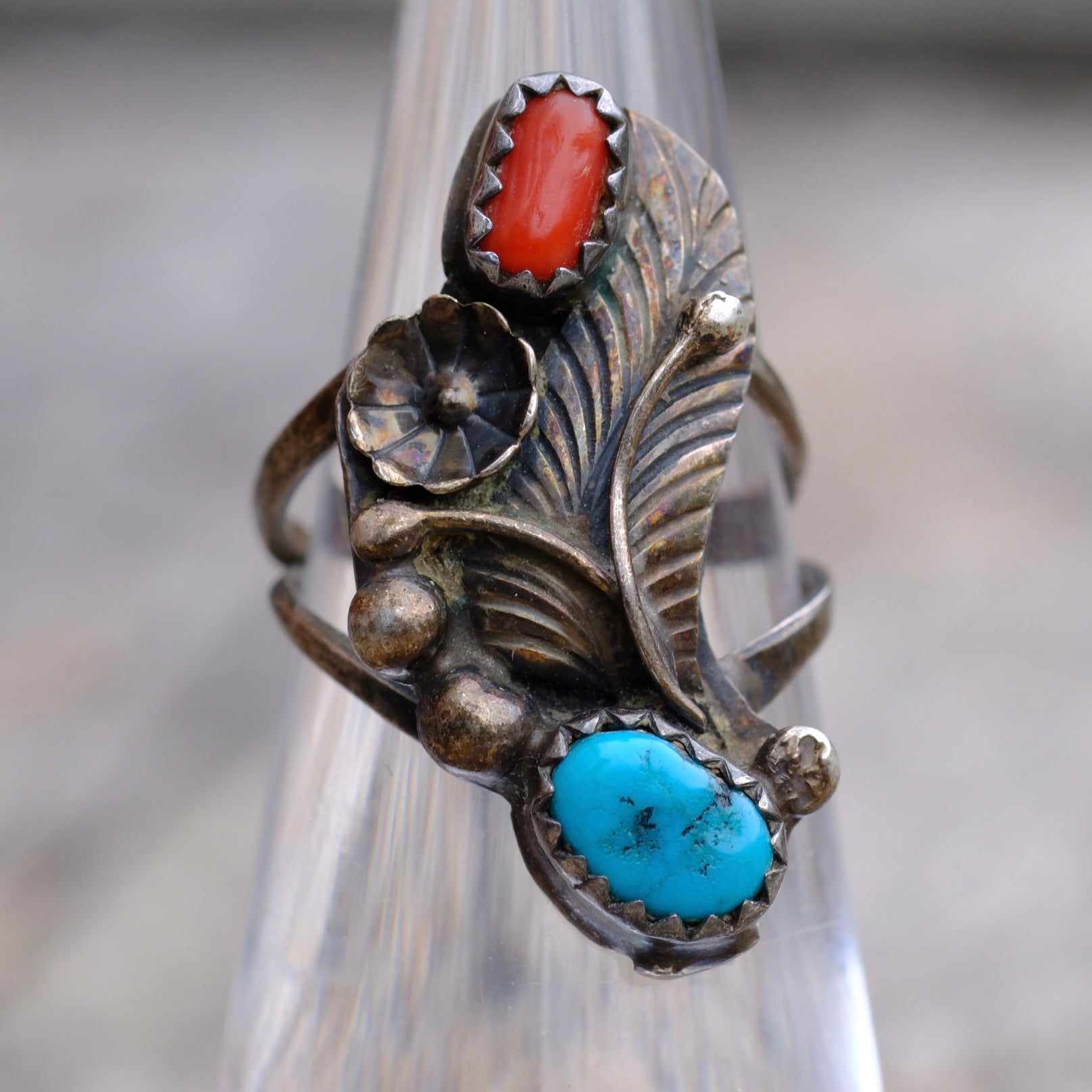 Vintage Sterling Turquoise and Coral Feather Ring 3.75
