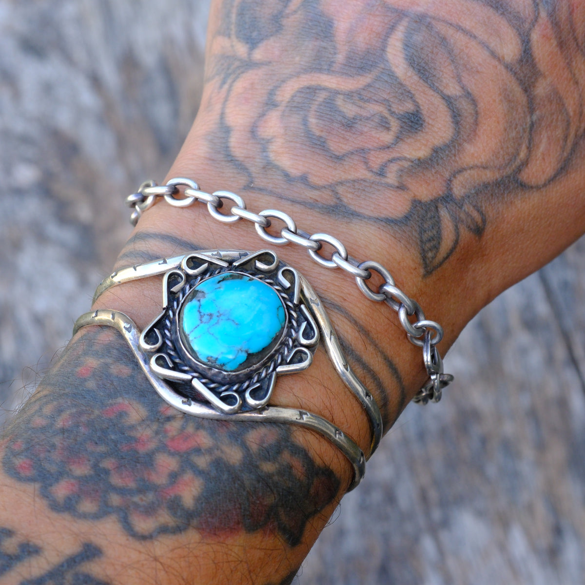 Vintage Sterling Turquoise Florette Cuff Bracelet
