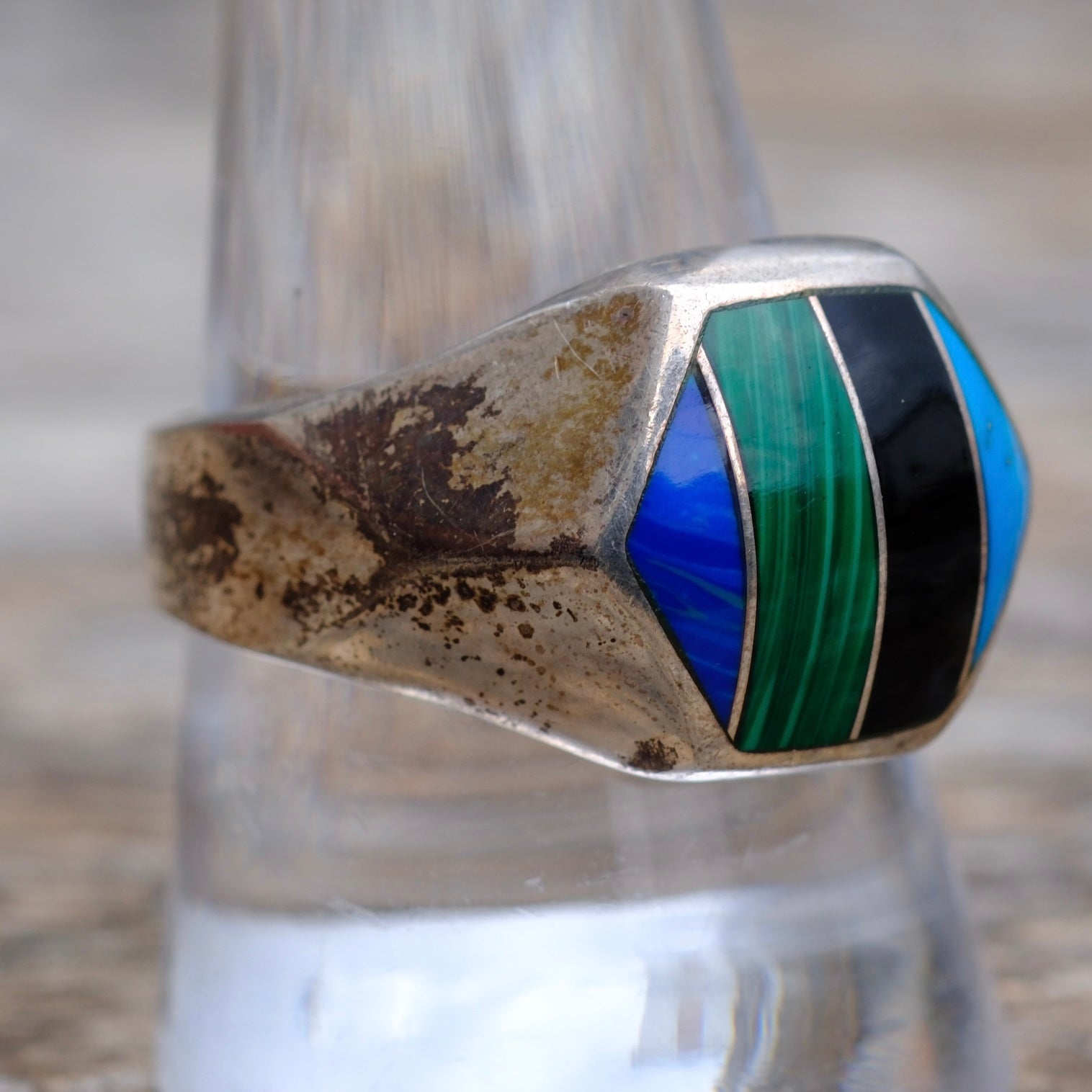 Vintage Sterling Multistone Inlay Striper Ring 10.75