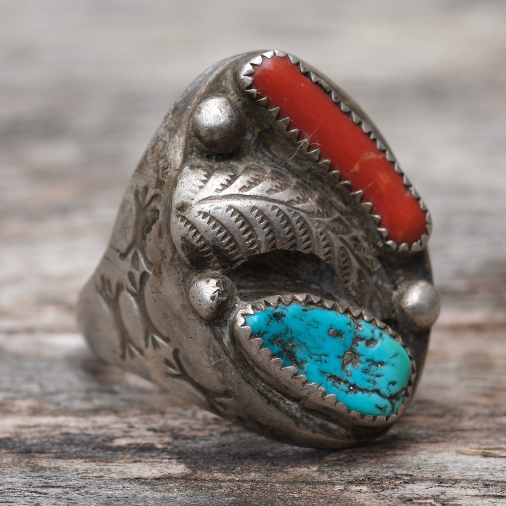 Vintage Sterling Turquoise and Coral Feather Ring 11