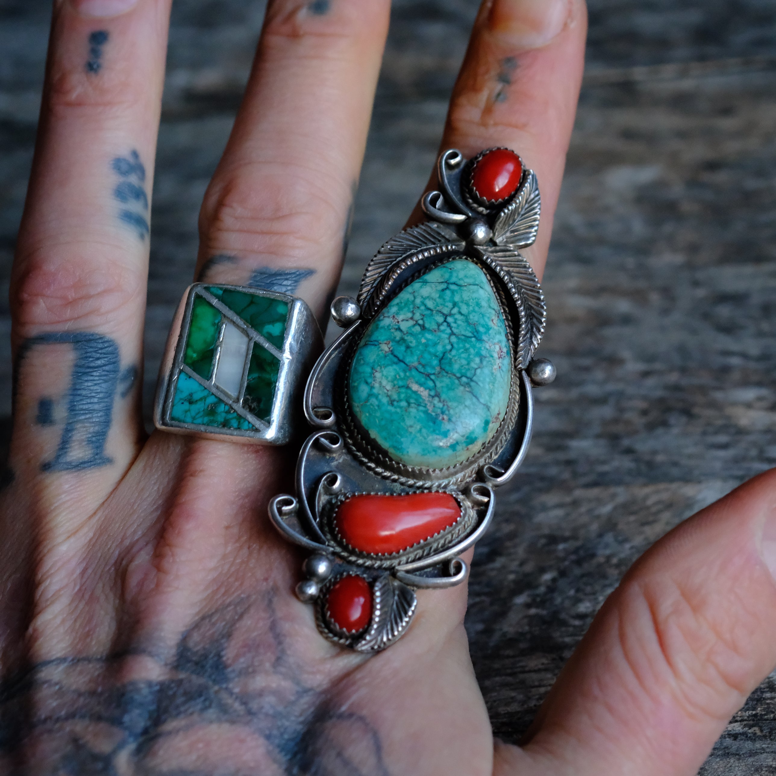 MASSIVE 3" Vintage Sterling Turquoise and Coral Feather Ring 9.5