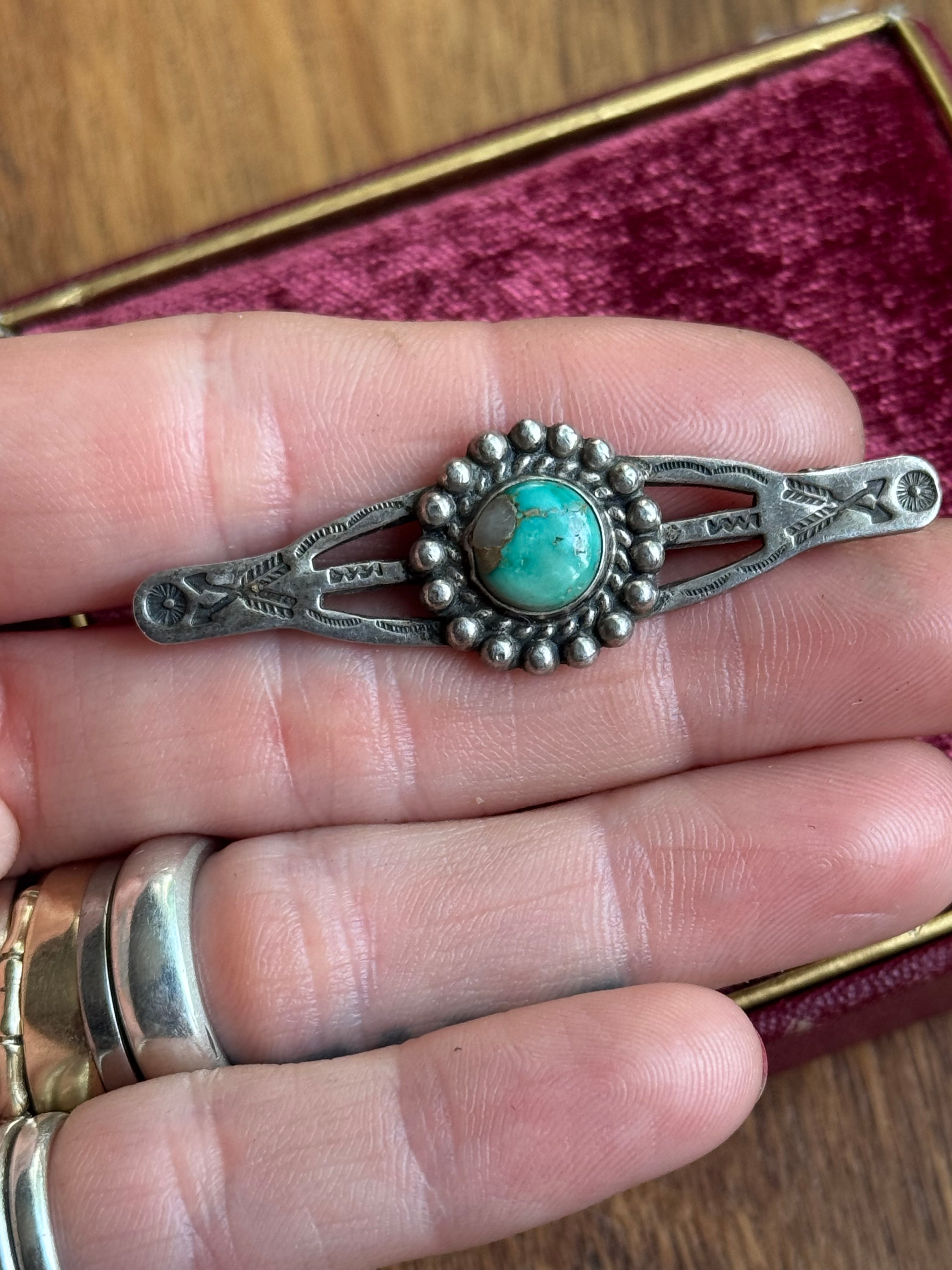 Vintage Sterling Silver Crossed-Arrow Turquoise Stamped Pin