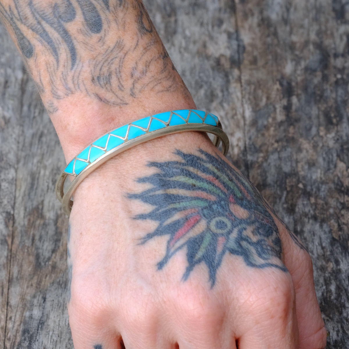 Vintage Sterling Turquoise Inlay Cuff Bracelet