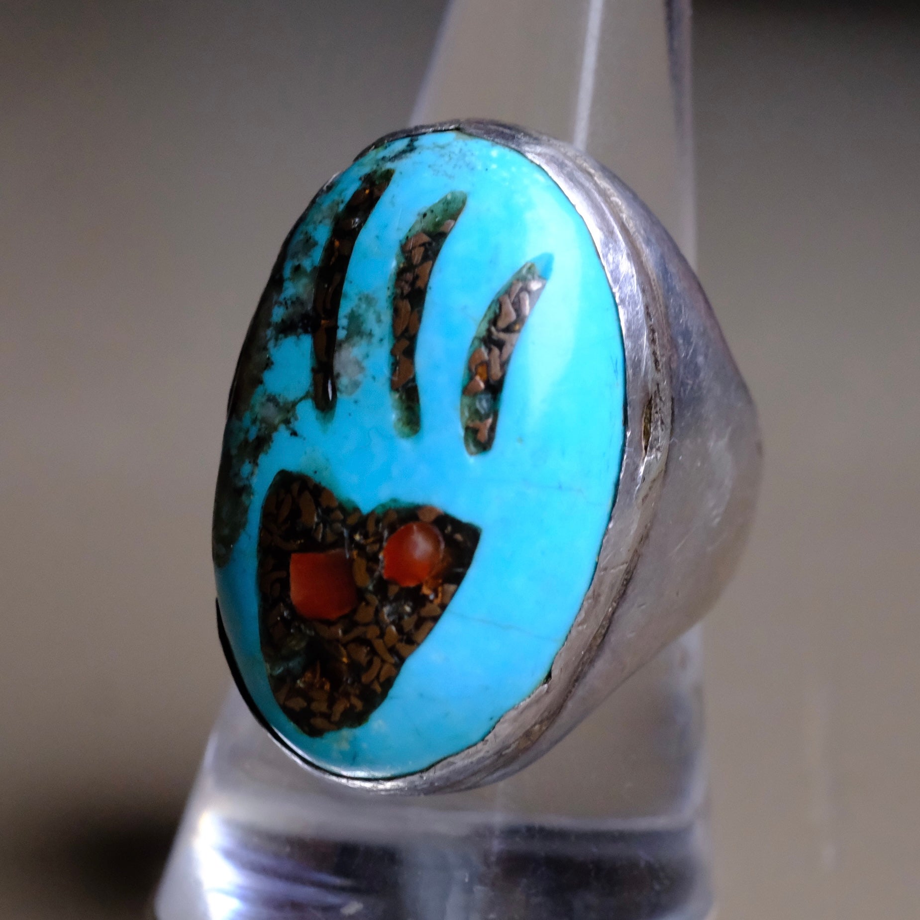 Vintage Sterling Turquoise Inlay Bear Paw Ring 9