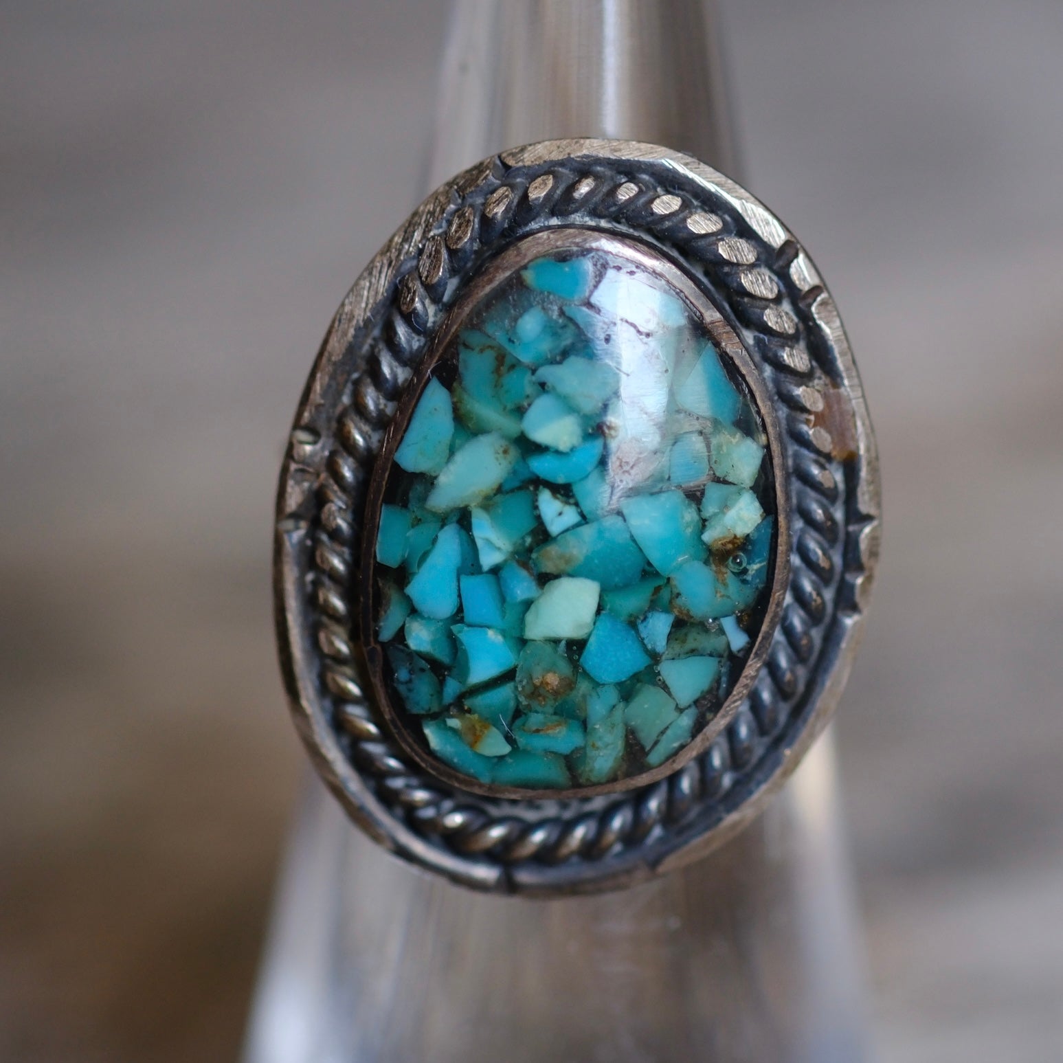 Vintage Sterling Turquoise Chip Inlay Roper Ring 4