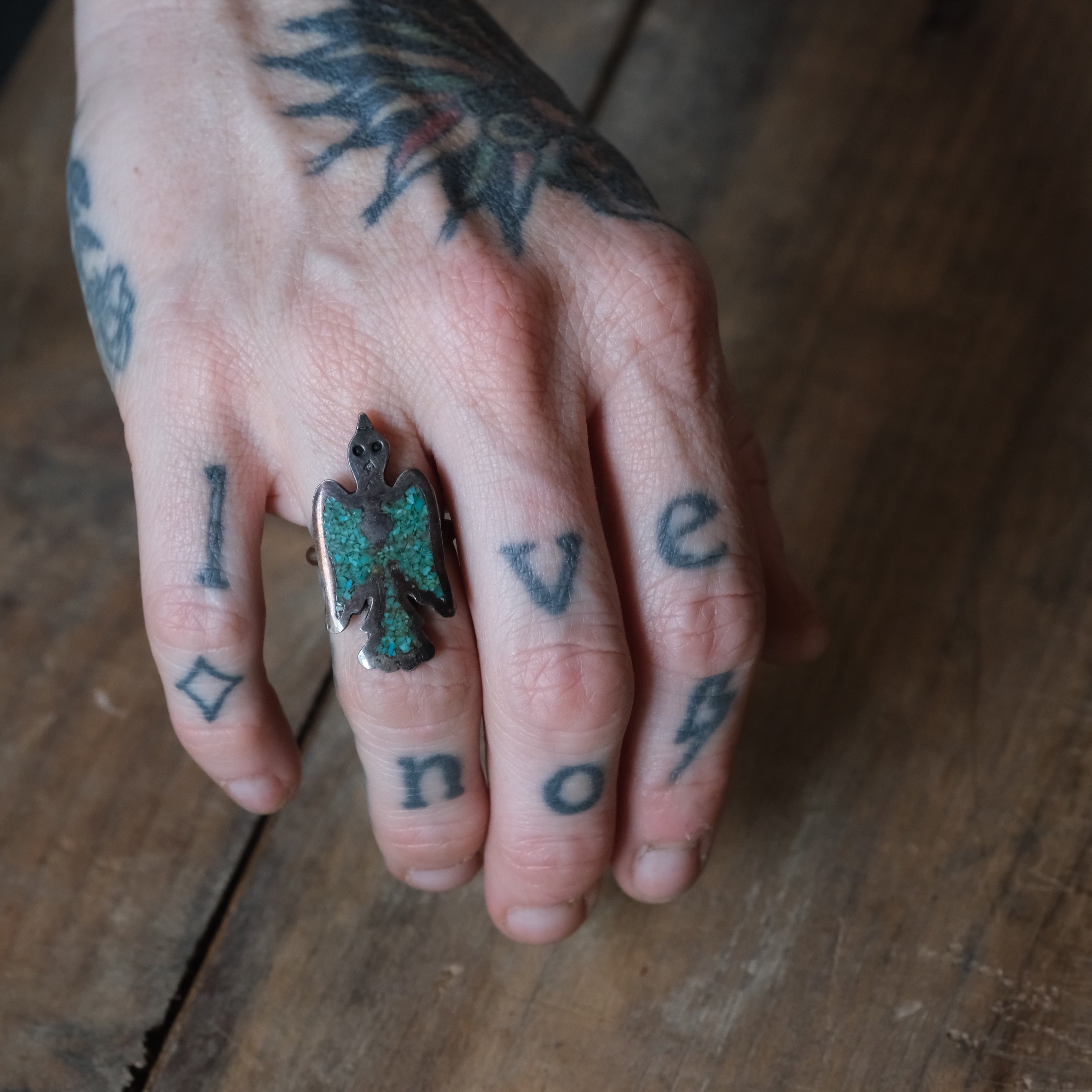 Vintage Sterling Crushed Turquoise Thunderbird Ring 5.5