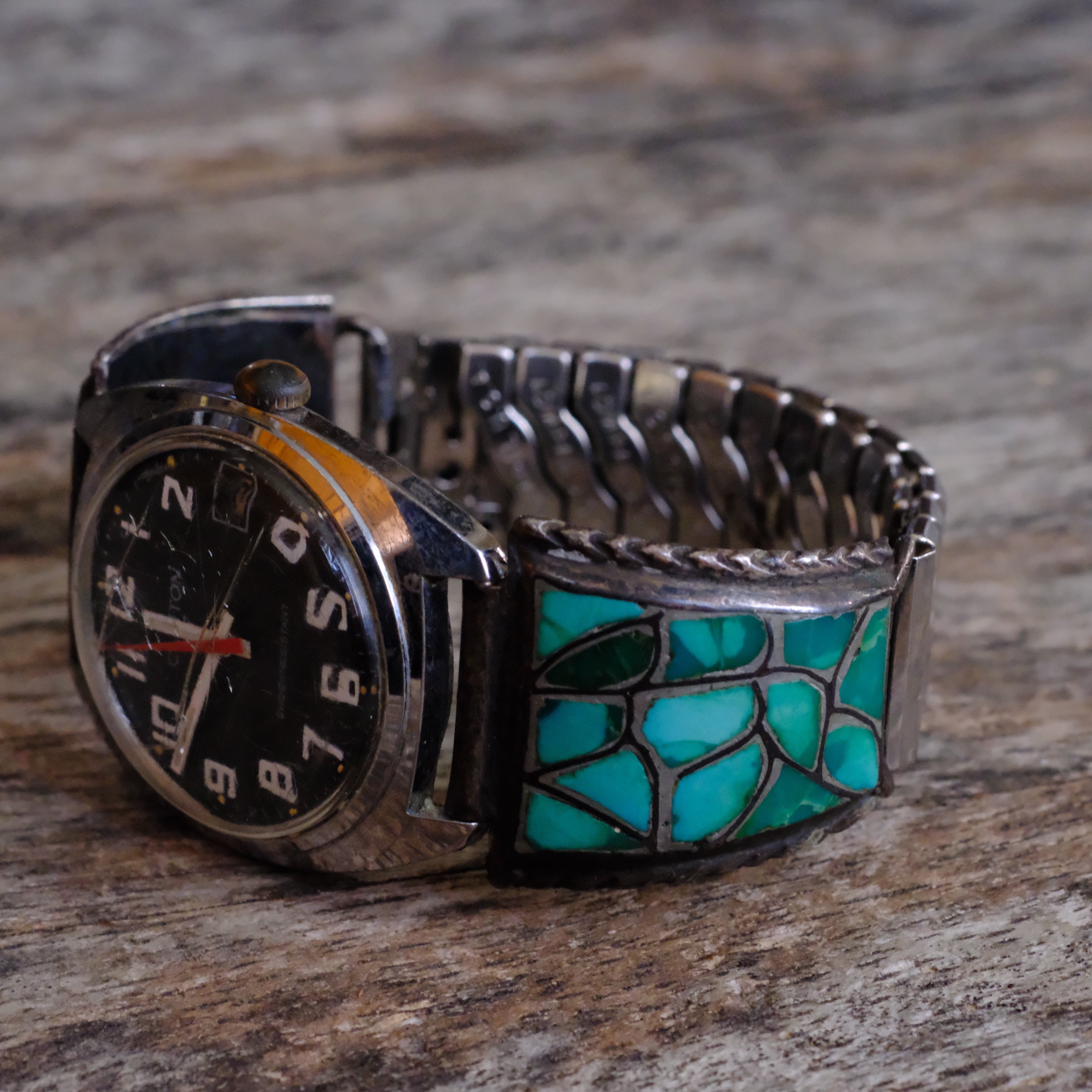 Vintage Sterling Zuni Inlay Fish Scale Watch