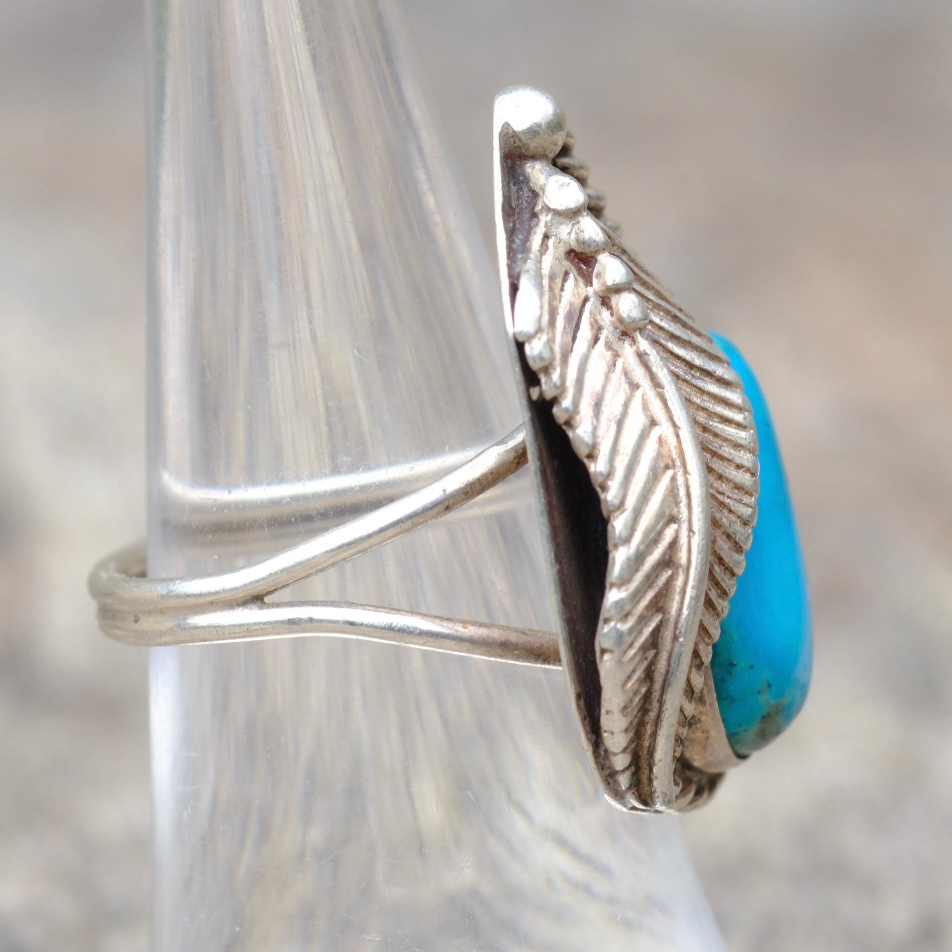 Vintage Sterling Turquoise Feather Ring 6.5