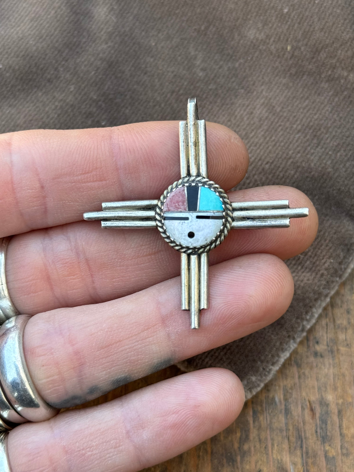 Vintage Sterling Silver Multistone Inlay Sun Face Zia Pin Pendant