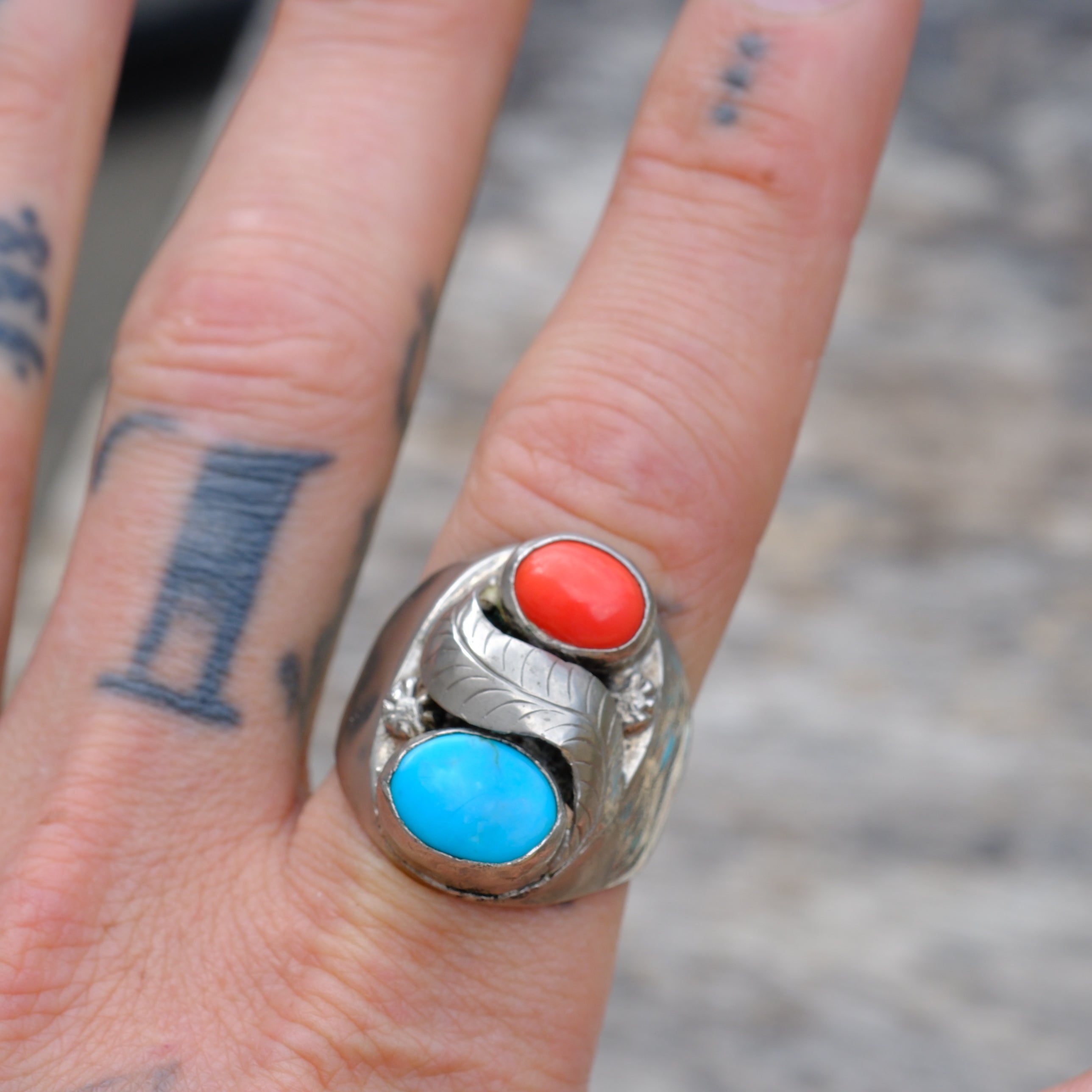 Vintage Sterling Turquoise and Coral Ring 11.5