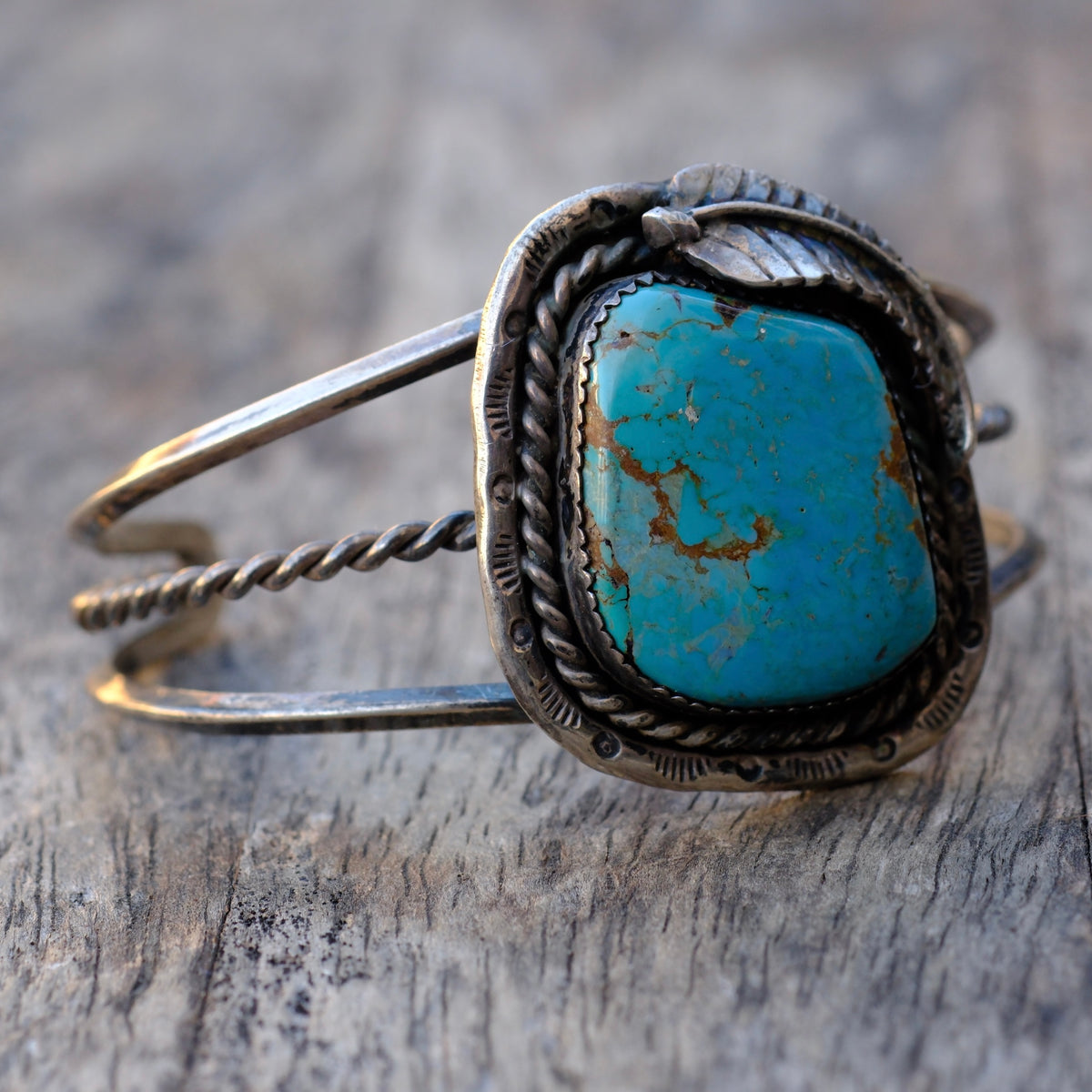 Vintage Sterling Turquoise Feather Cuff